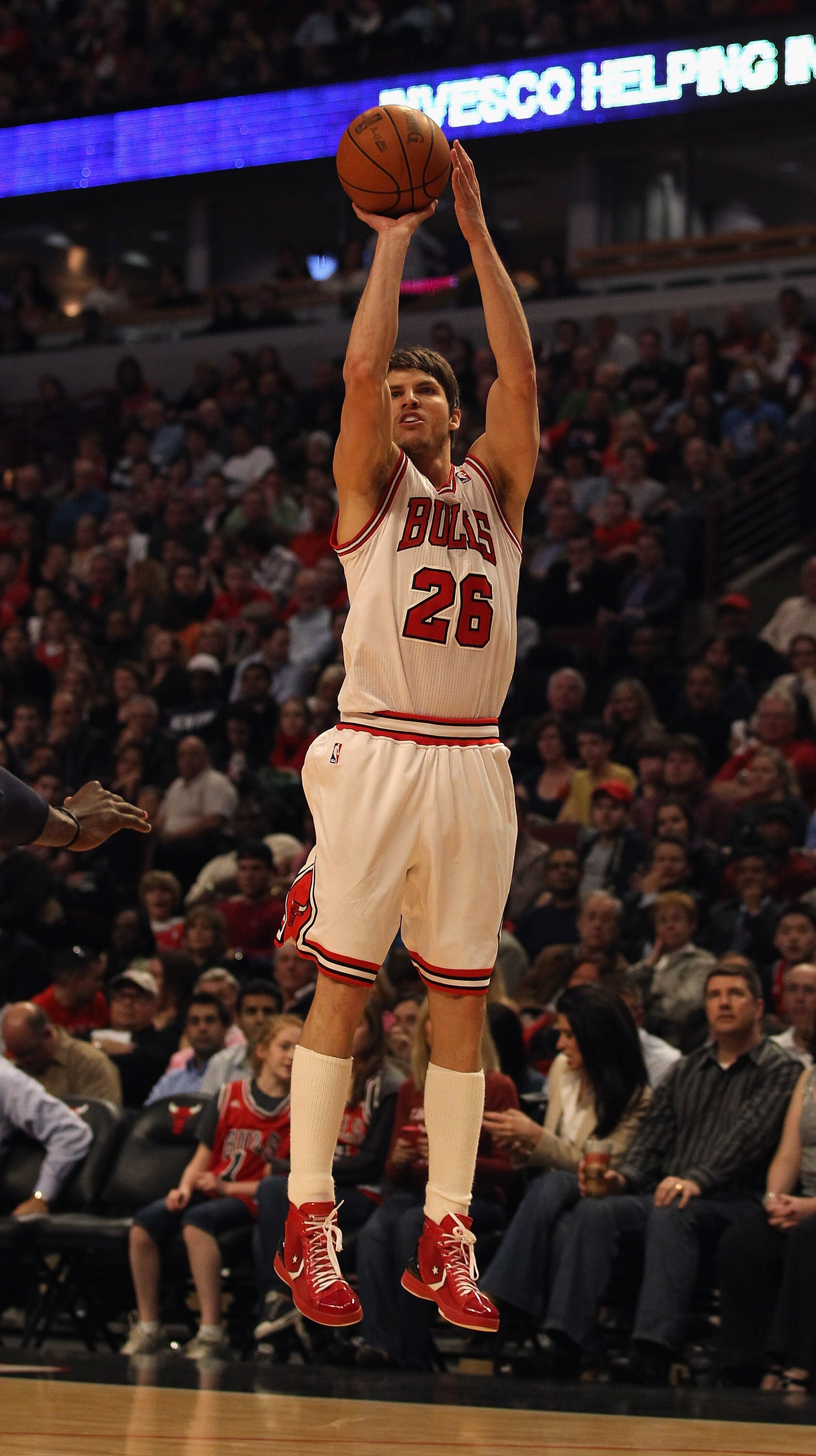 CHICAGO, IL - APRIL 13: Kyle Korver #26 of the Chicago Bulls puts up a shot against the New Jersey Nets at the United Center on April 13, 2011 in Chicago, Illinois. The Bulls defeated the Nets 97-92. NOTE TO USER: User expressly acknowledges and agrees th