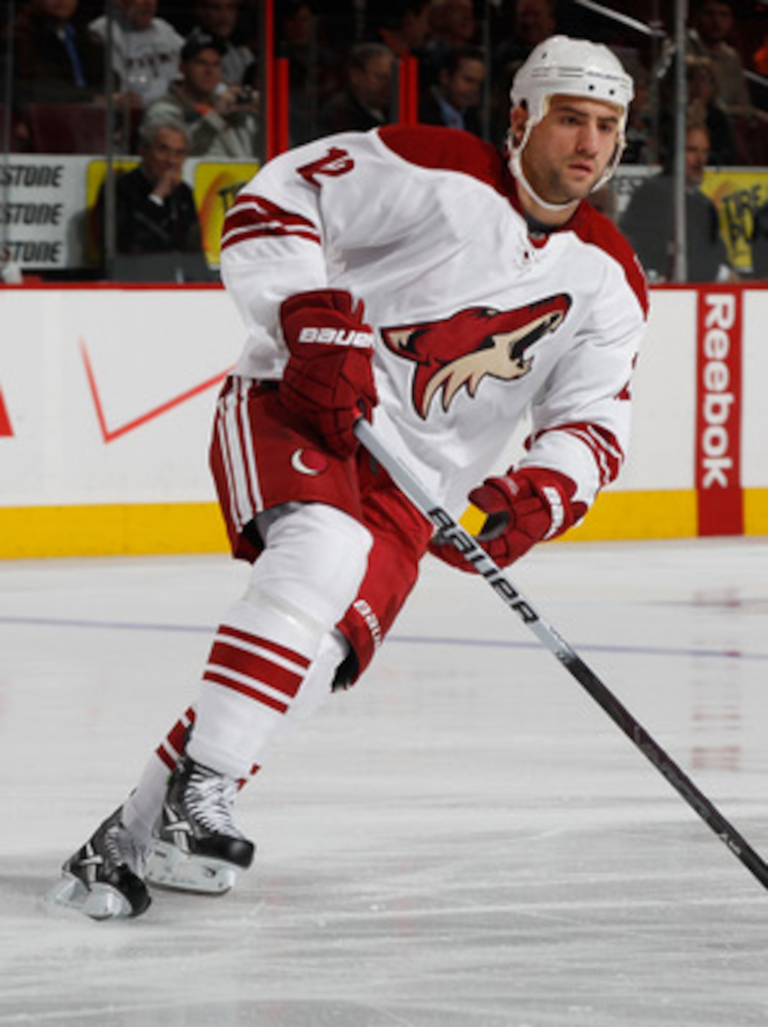 PHILADELPHIA - FEBRUARY 22:  Paul Bissonnette #12 of the Phoenix Coyotes skates against the Philadelphia Flyers on February 22, 2011 at the Wells Fargo Center in Philadelphia, Pennsylvania.Coyotes defeated the Flyers 3-2 in OT.  (Photo by Mike Stobe/Getty