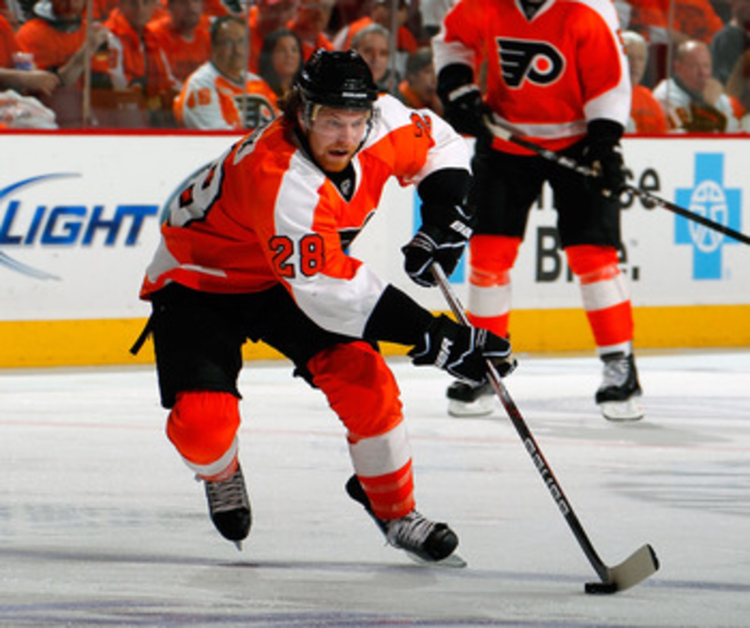 PHILADELPHIA, PA - MAY 02:  Claude Giroux #28 of the Philadelphia Flyers skates in Game Two of the Eastern Conference Semifinals against the Boston Bruins during the 2011 NHL Stanley Cup Playoffs at Wells Fargo Center on May 2, 2011 in Philadelphia, Penns