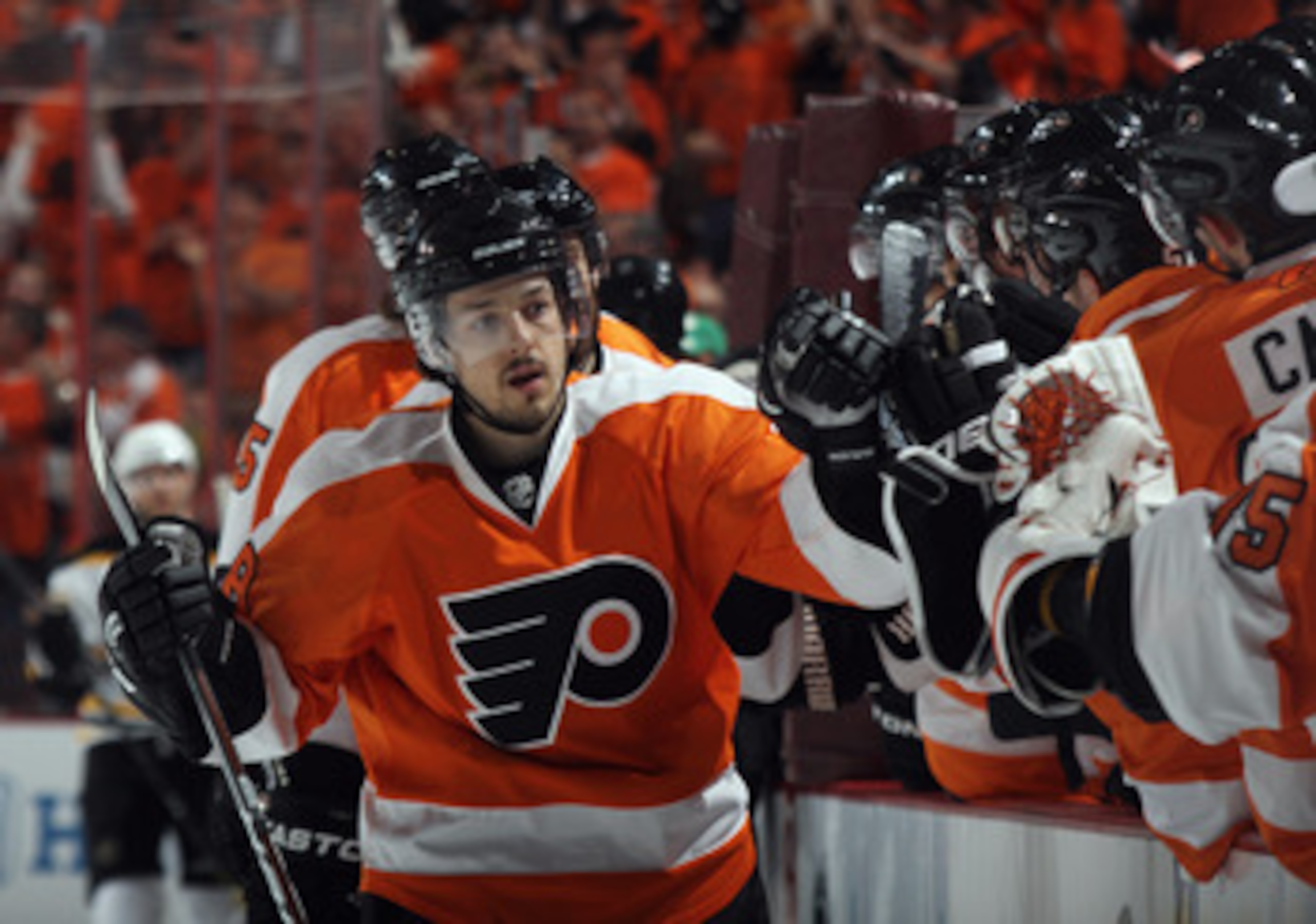 PHILADELPHIA, PA - APRIL 30:  Danny Briere #48 of the Philadelphia Flyers celebrates a Flyers goal against the Boston Bruins in Game One of the Eastern Conference Semifinals during the 2011 NHL Stanley Cup Playoffs at the Wells Fargo Center on April 30, 2