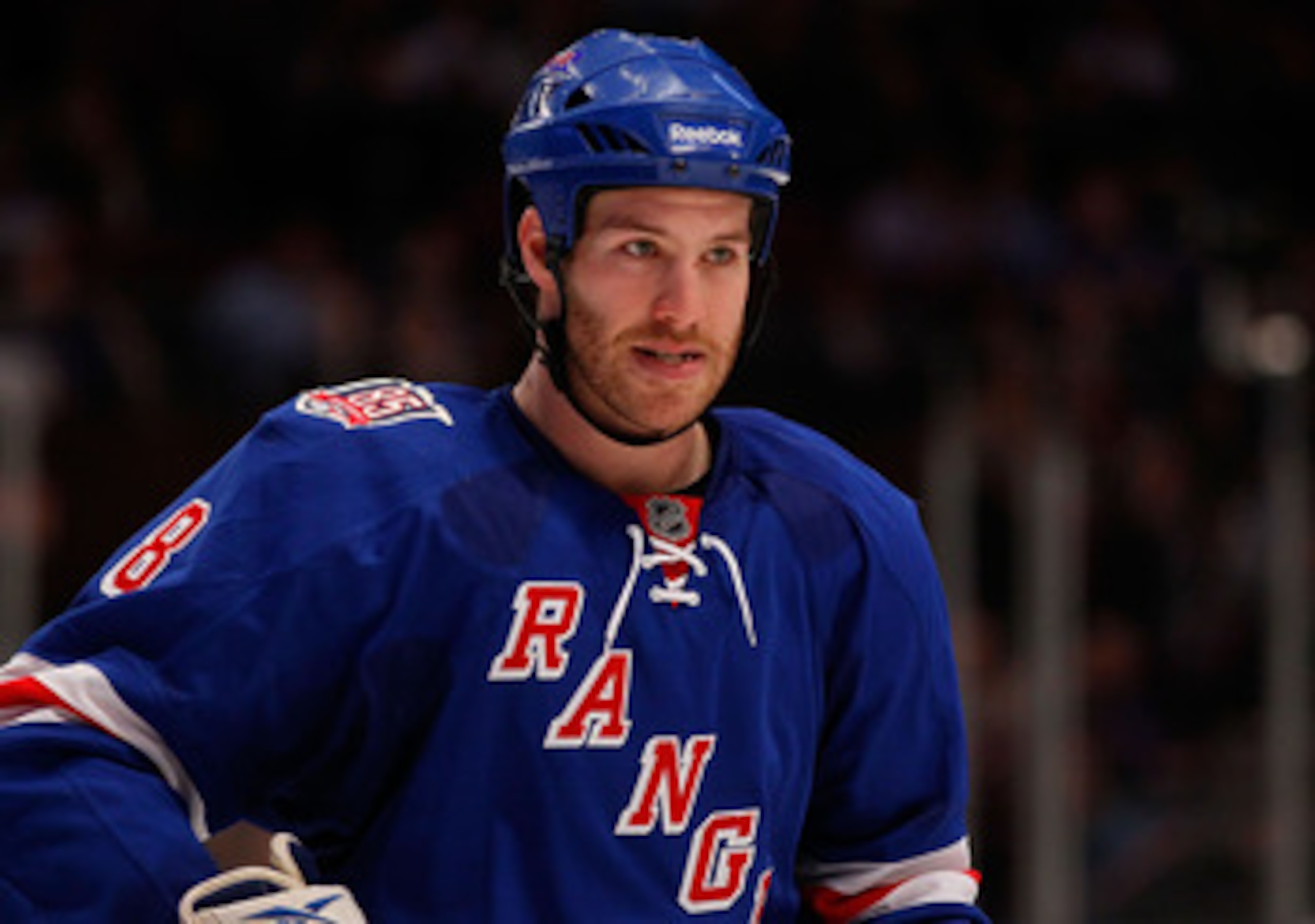 NEW YORK - MARCH 22:  Brandon Prust #8 of the New York Rangers skates against the Florida Panthers on March 22, 2011 at Madison Square Garden in New York City, New York. Rangers defeated the Islanders 1-0.  (Photo by Mike Stobe/Getty Images)