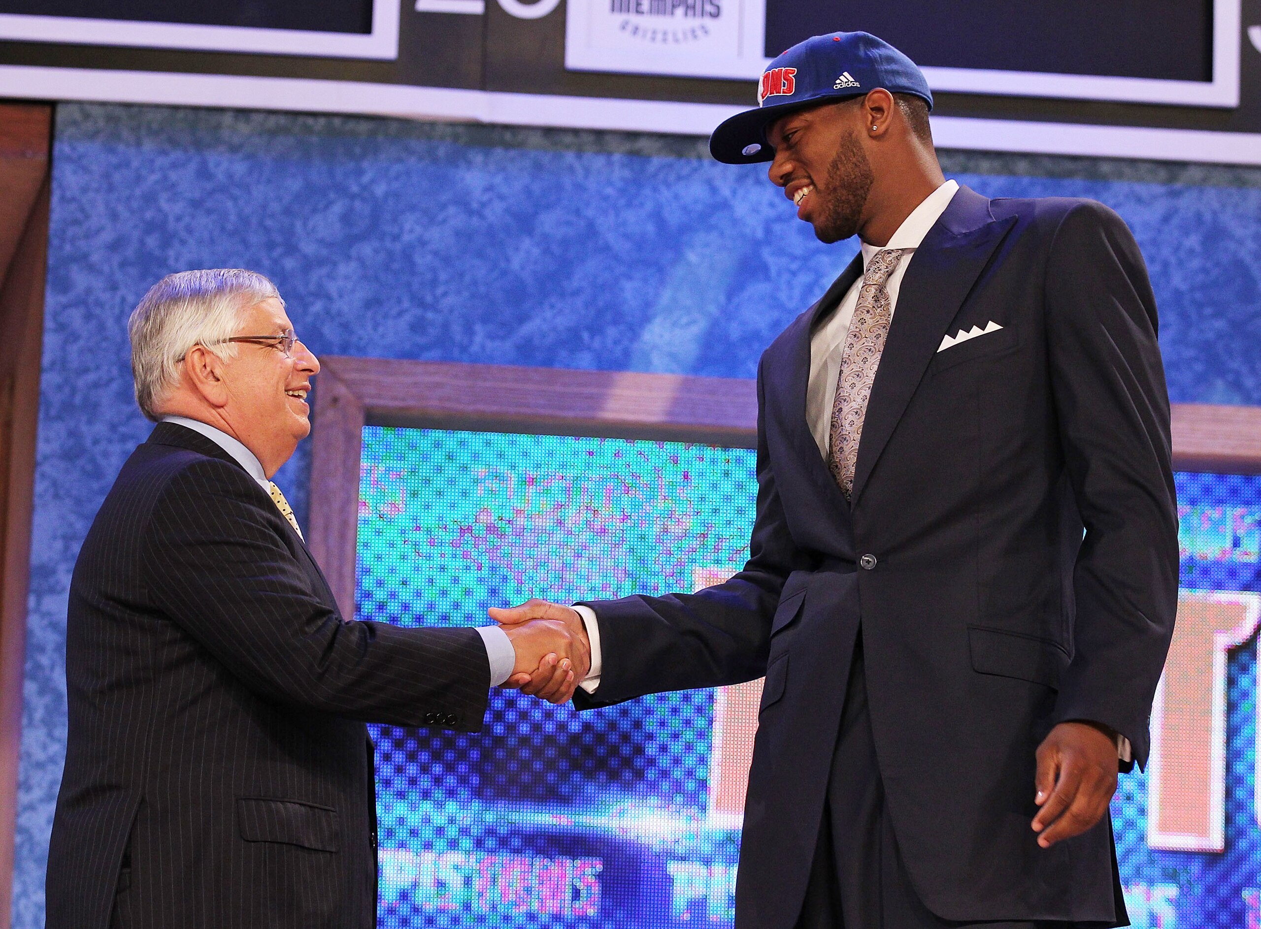 NEW YORK - JUNE 24:  Gregory Monroe stands with NBA Commisioner David Stern after being drafted seventh by  the Detoit Pistons at Madison Square Garden on June 24, 2010 in New York, New York City.  NOTE TO USER: User expressly acknowledges and agrees that