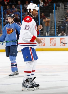 ATLANTA - DECEMBER 12:  Georges Laraque #17 of the Montreal Canadiens against the Atlanta Thrashers at Philips Arena on December 12, 2009 in Atlanta, Georgia.  (Photo by Kevin C. Cox/Getty Images)