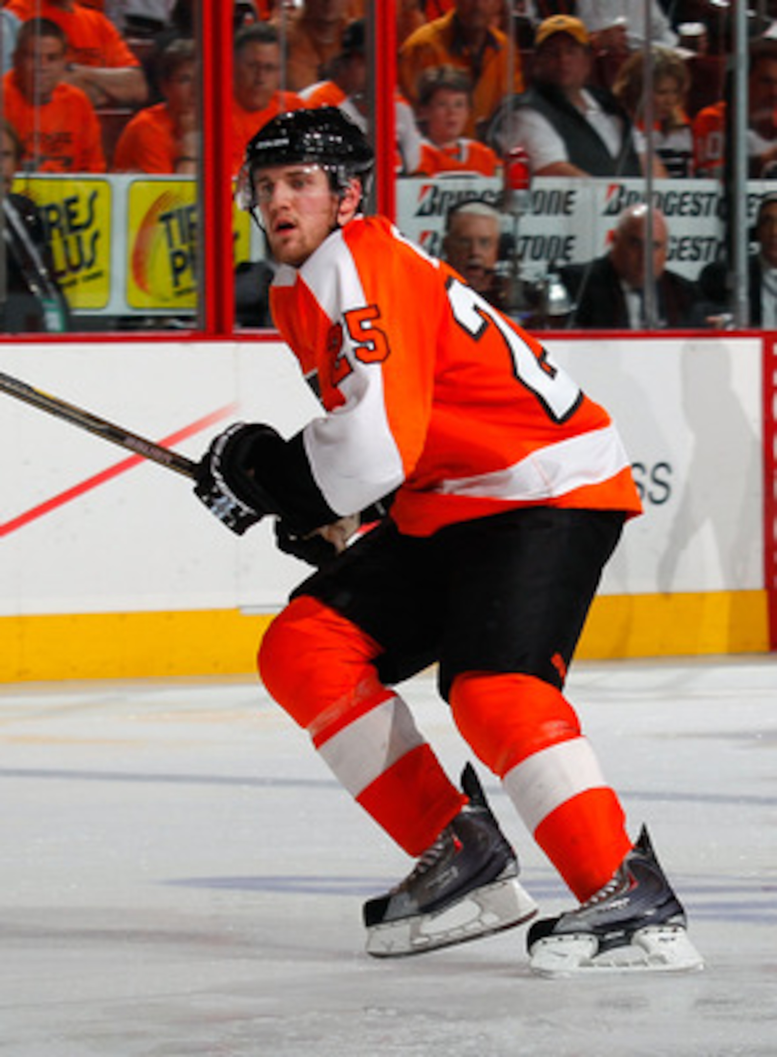 PHILADELPHIA, PA - MAY 02:  Matt Carle #25 of the Philadelphia Flyers skates in Game Two of the Eastern Conference Semifinals against the Boston Bruins during the 2011 NHL Stanley Cup Playoffs at Wells Fargo Center on May 2, 2011 in Philadelphia, Pennsylv