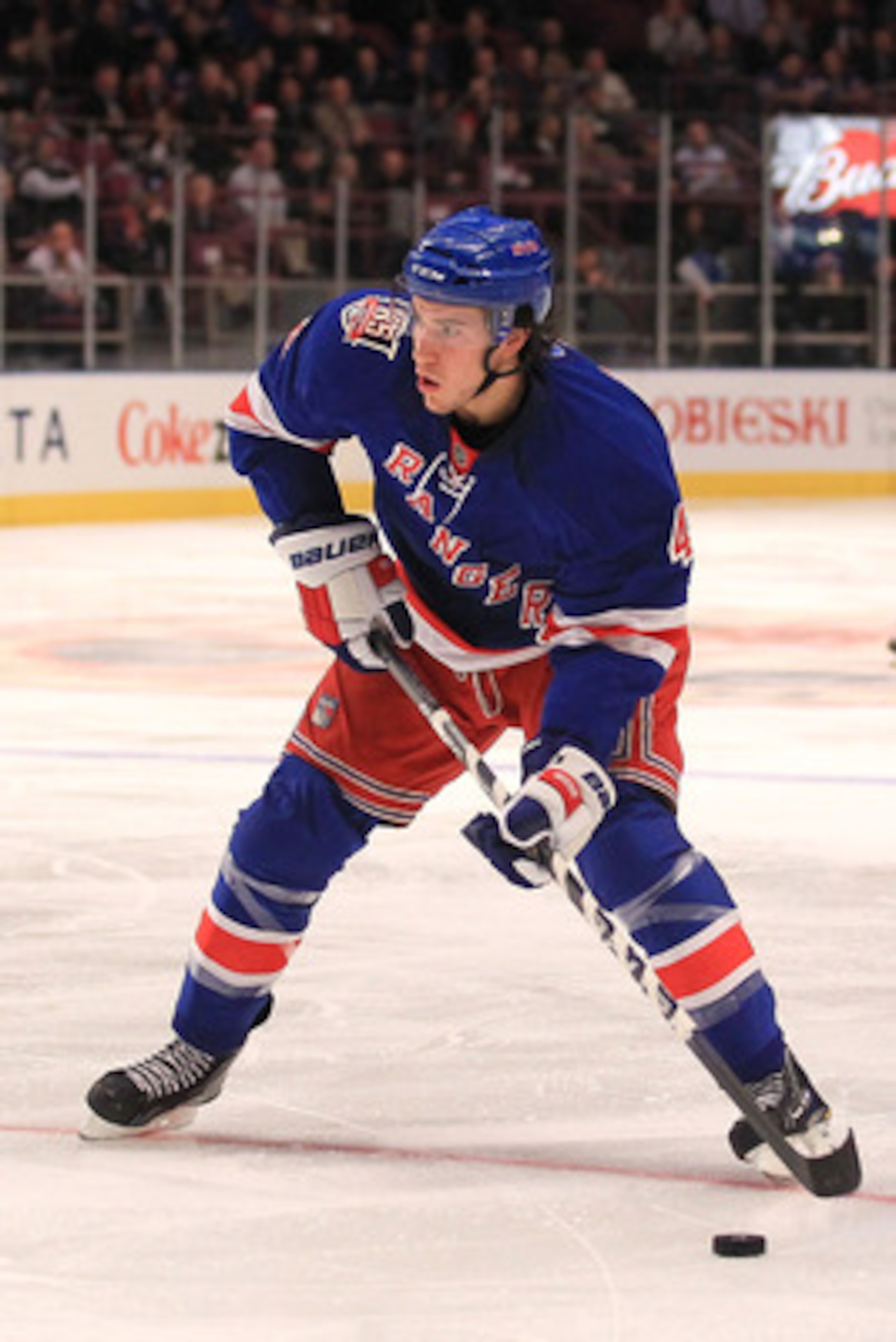 NEW YORK, NY - NOVEMBER 29:  Michael Del Zotto #4 of the New York Rangers attacks against the Pittsburgh Penguins during their game on November 29, 2010 at Madison Square Garden in New York City.  (Photo by Chris McGrath/Getty Images)