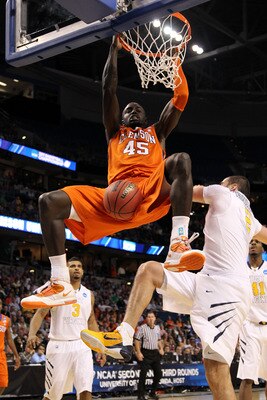 TAMPA, FL - MARCH 17:  Jerai Grant #45 of the Clemson Tigers dunks in the first half against the West Virginia Mountaineers during the second round of the 2011 NCAA men's basketball tournament at St. Pete Times Forum on March 17, 2011 in Tampa, Florida.