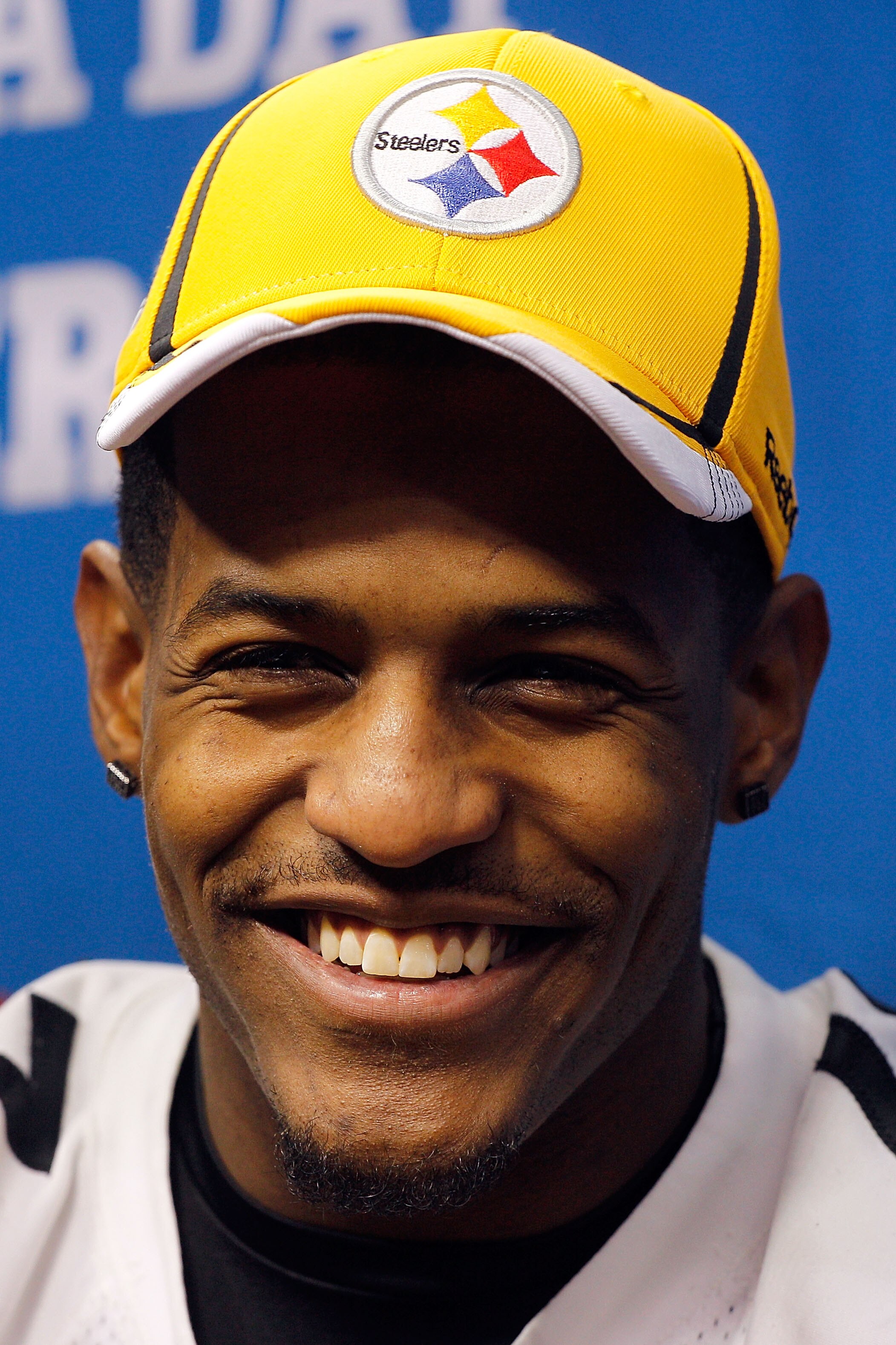 ARLINGTON, TX - FEBRUARY 01:  Mike Wallace #17 of the Pittsburgh Steelers addresses the media during Super Bowl XLV Media Day ahead of Super Bowl XLV at Cowboys Stadium on February 1, 2011 in Arlington, Texas. The Pittsburgh Steelers will play the Green B