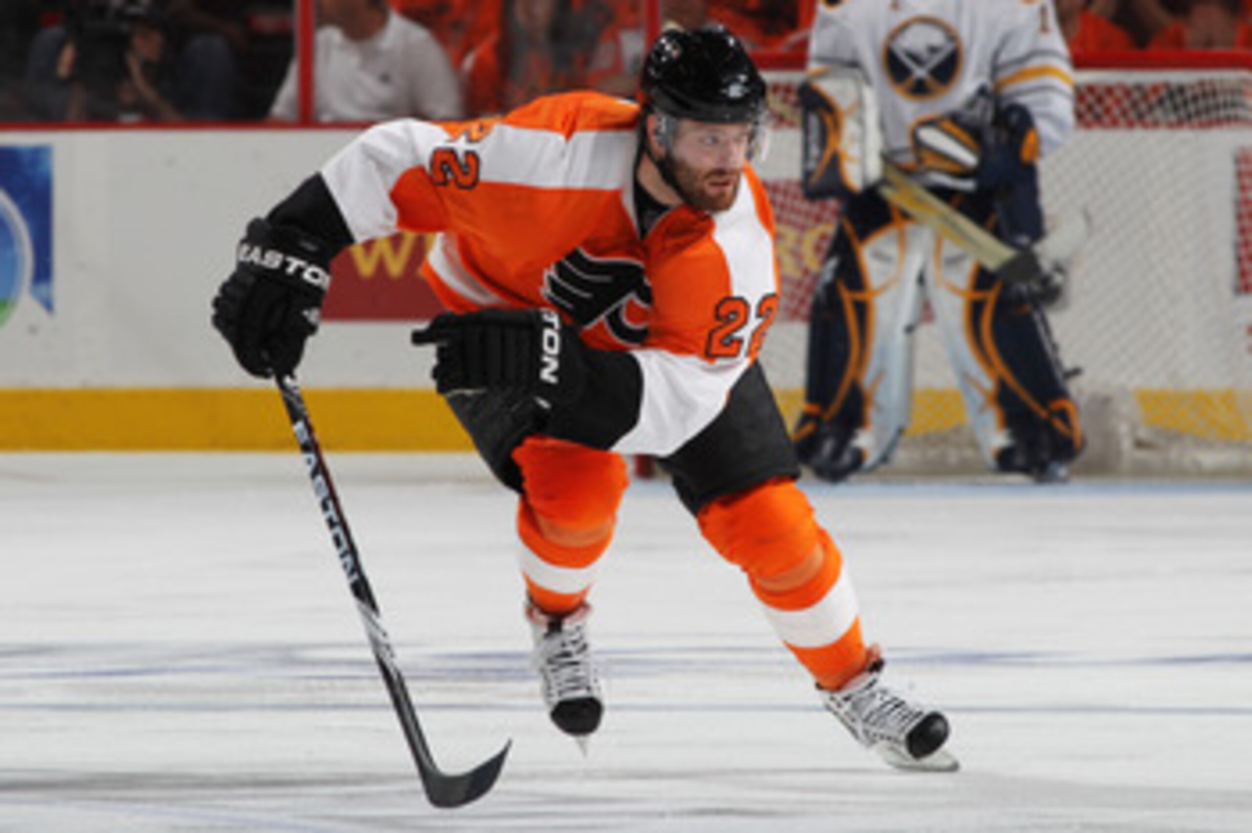 PHILADELPHIA, PA - APRIL 26:  Ville Leino #22 of the Philadelphia Flyers skates down the ice against the Buffalo Sabres in Game Seven of the Eastern Conference Quarterfinals during the 2011 NHL Stanley Cup Playoffs at Wells Fargo Center on April 26, 2011