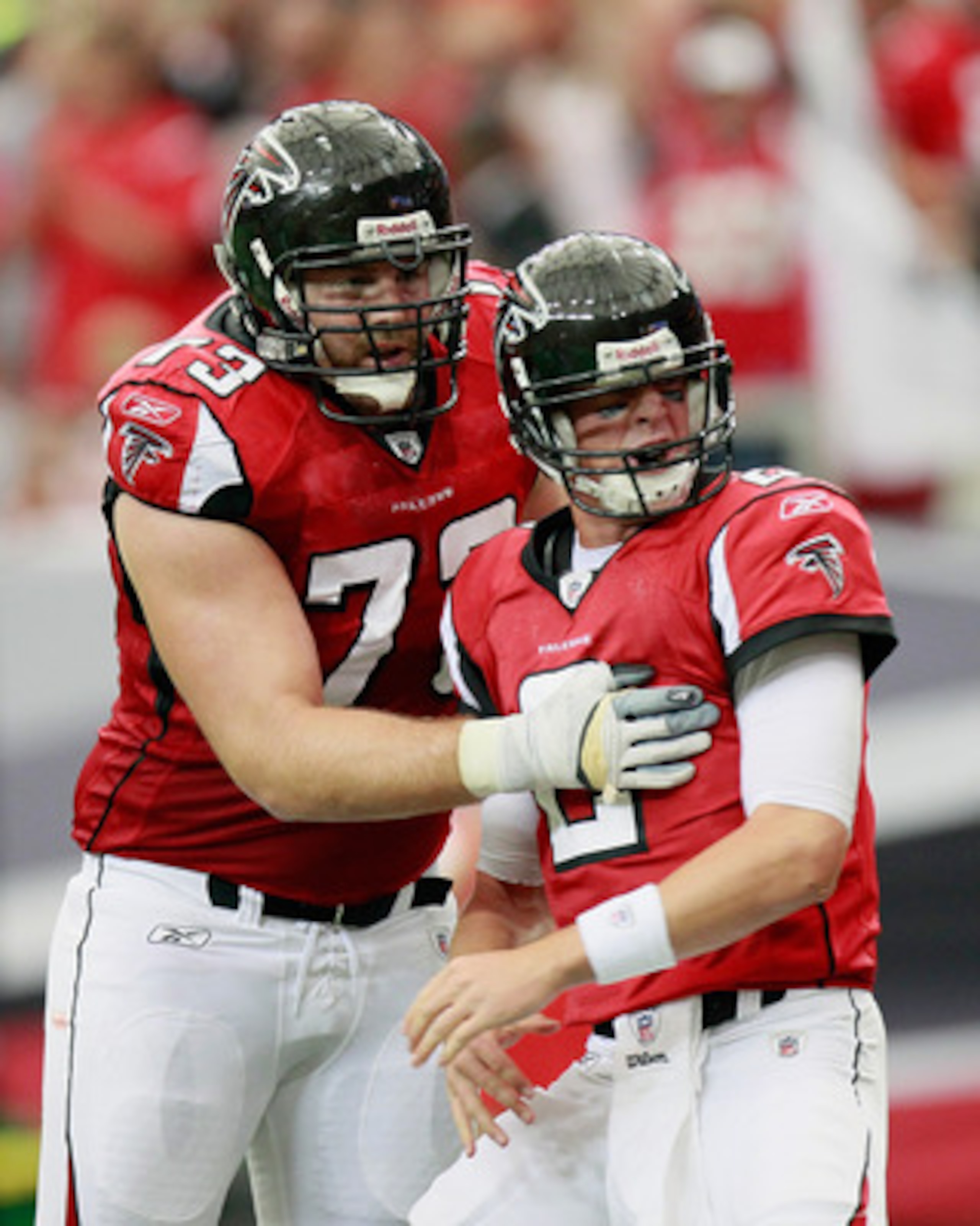 ATLANTA - SEPTEMBER 19:  Quarterback Matt Ryan #2 of the Atlanta Falcons celebrates a touchdown against Arizona Cardinals with Harvey Dahl #73 at Georgia Dome on September 19, 2010 in Atlanta, Georgia.  (Photo by Kevin C. Cox/Getty Images)