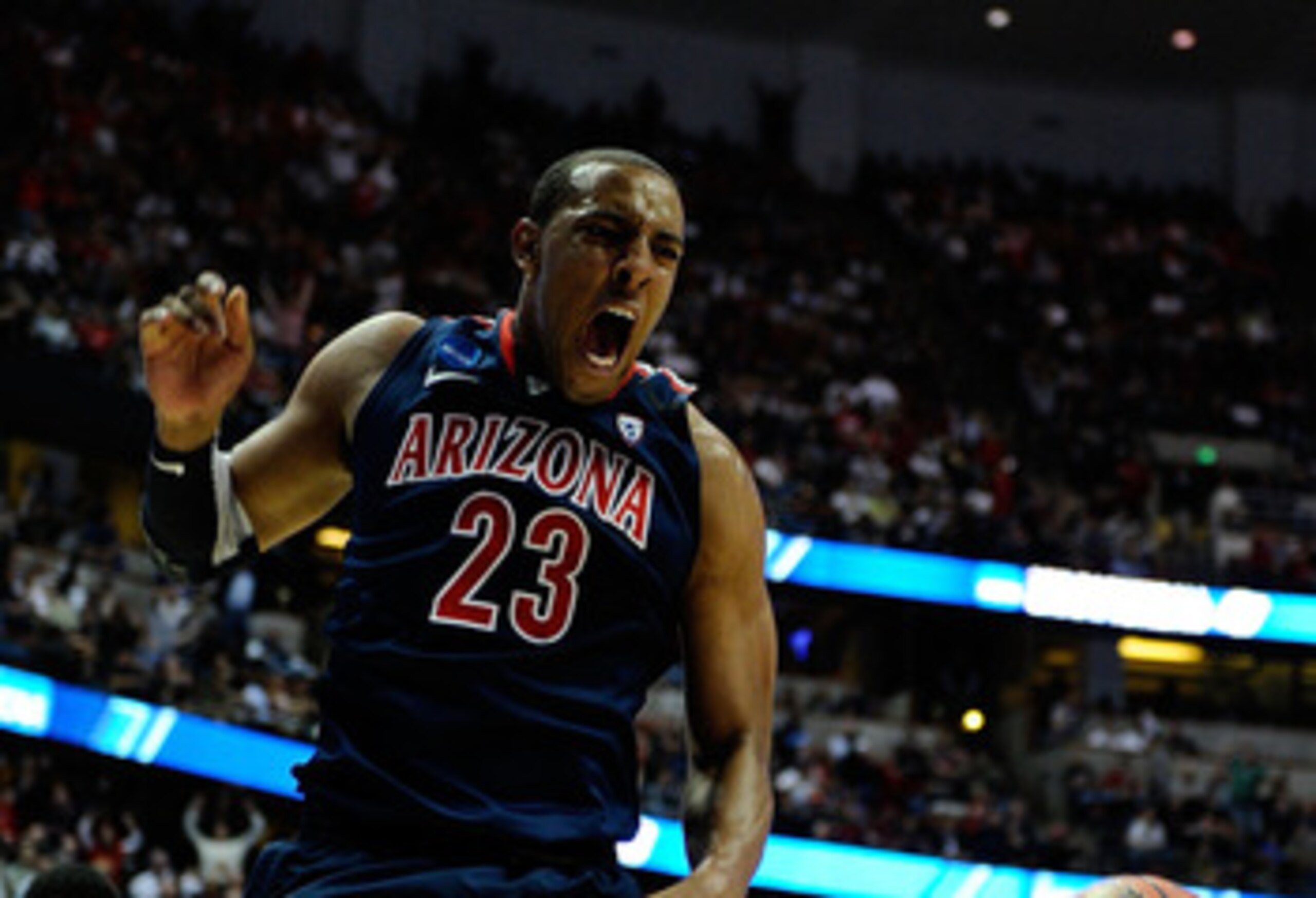 ANAHEIM, CA - MARCH 26:  Derrick Williams #23 of the Arizona Wildcats reacts after a dunk against of the Connecticut Huskies during the west regional final of the 2011 NCAA men's basketball tournament at the Honda Center on March 26, 2011 in Anaheim, Cali