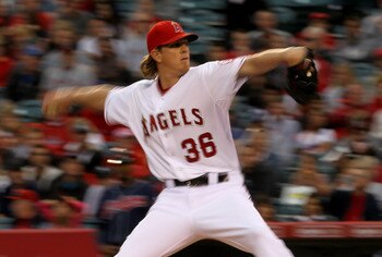 ANAHEIM, CA - MAY 07:  Jered Weaver #36 of the Los Angeles Angels of Anaheim throws a pitch against the Cleveland Indians on May 7, 2011 at Angel Stadium in Anaheim, California.  (Photo by Stephen Dunn/Getty Images)