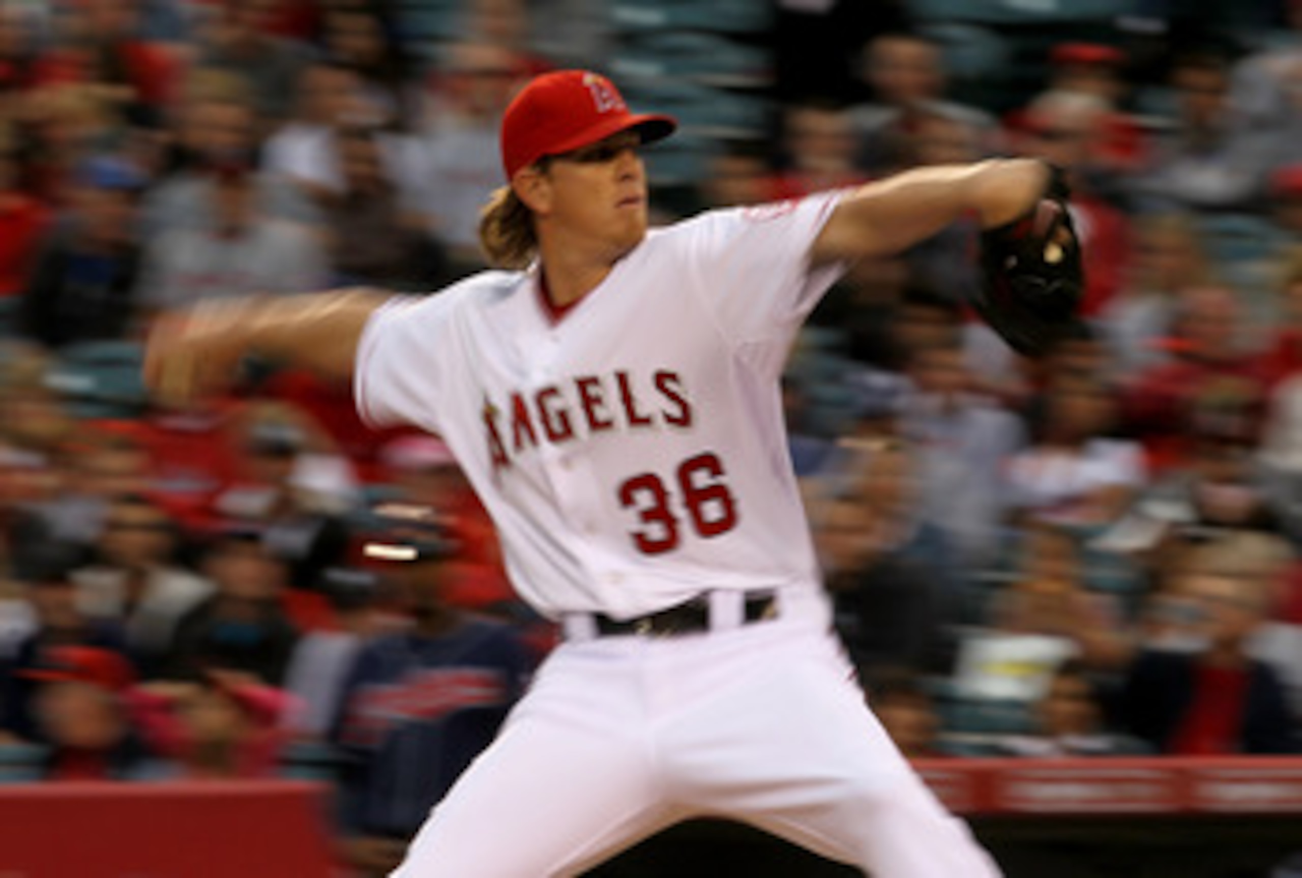 ANAHEIM, CA - MAY 07:  Jered Weaver #36 of the Los Angeles Angels of Anaheim throws a pitch against the Cleveland Indians on May 7, 2011 at Angel Stadium in Anaheim, California.  (Photo by Stephen Dunn/Getty Images)
