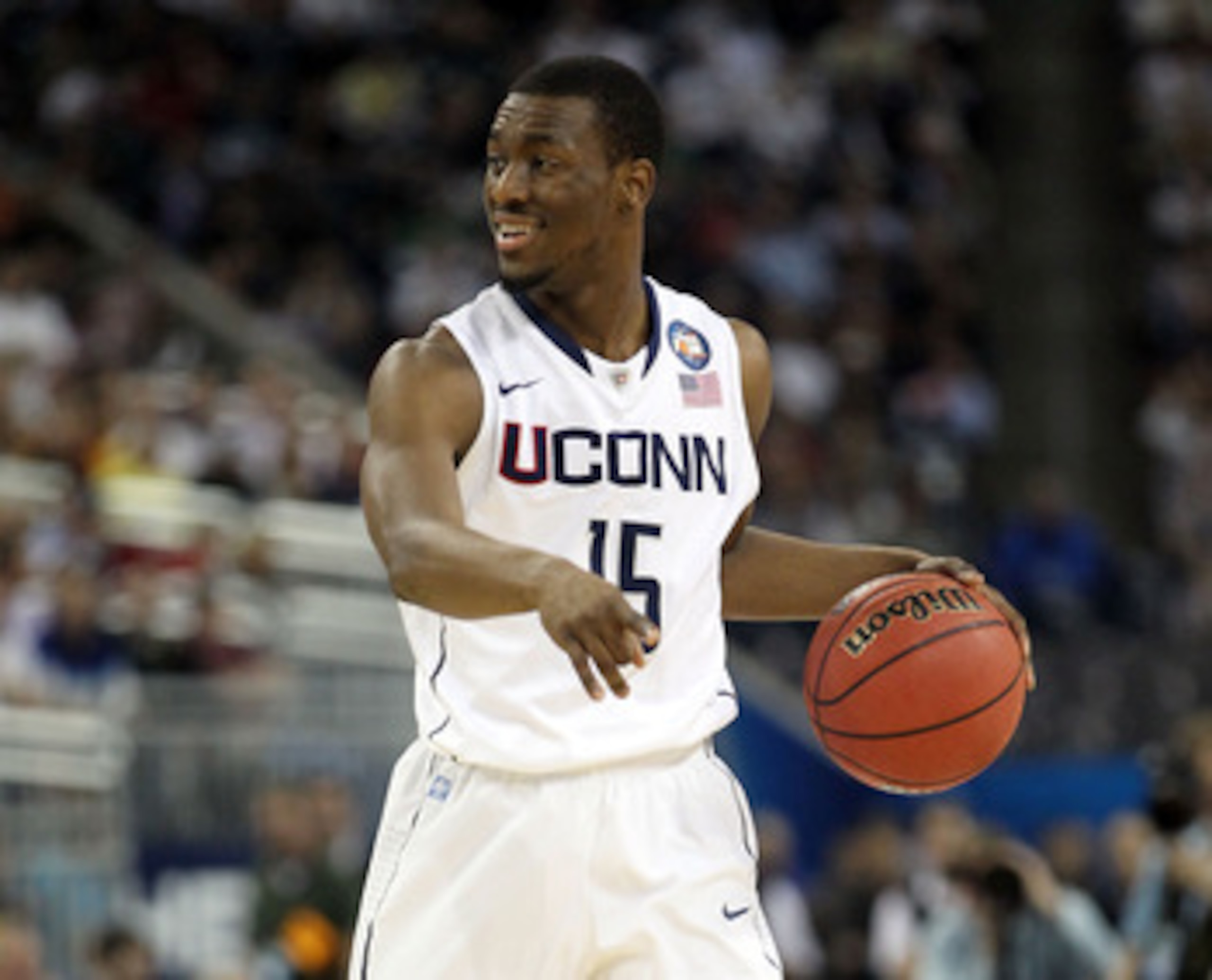HOUSTON, TX - APRIL 04:  Kemba Walker #15 of the Connecticut Huskies handles the ball against the Butler Bulldogs during the National Championship Game of the 2011 NCAA Division I Men's Basketball Tournament at Reliant Stadium on April 4, 2011 in Houston,