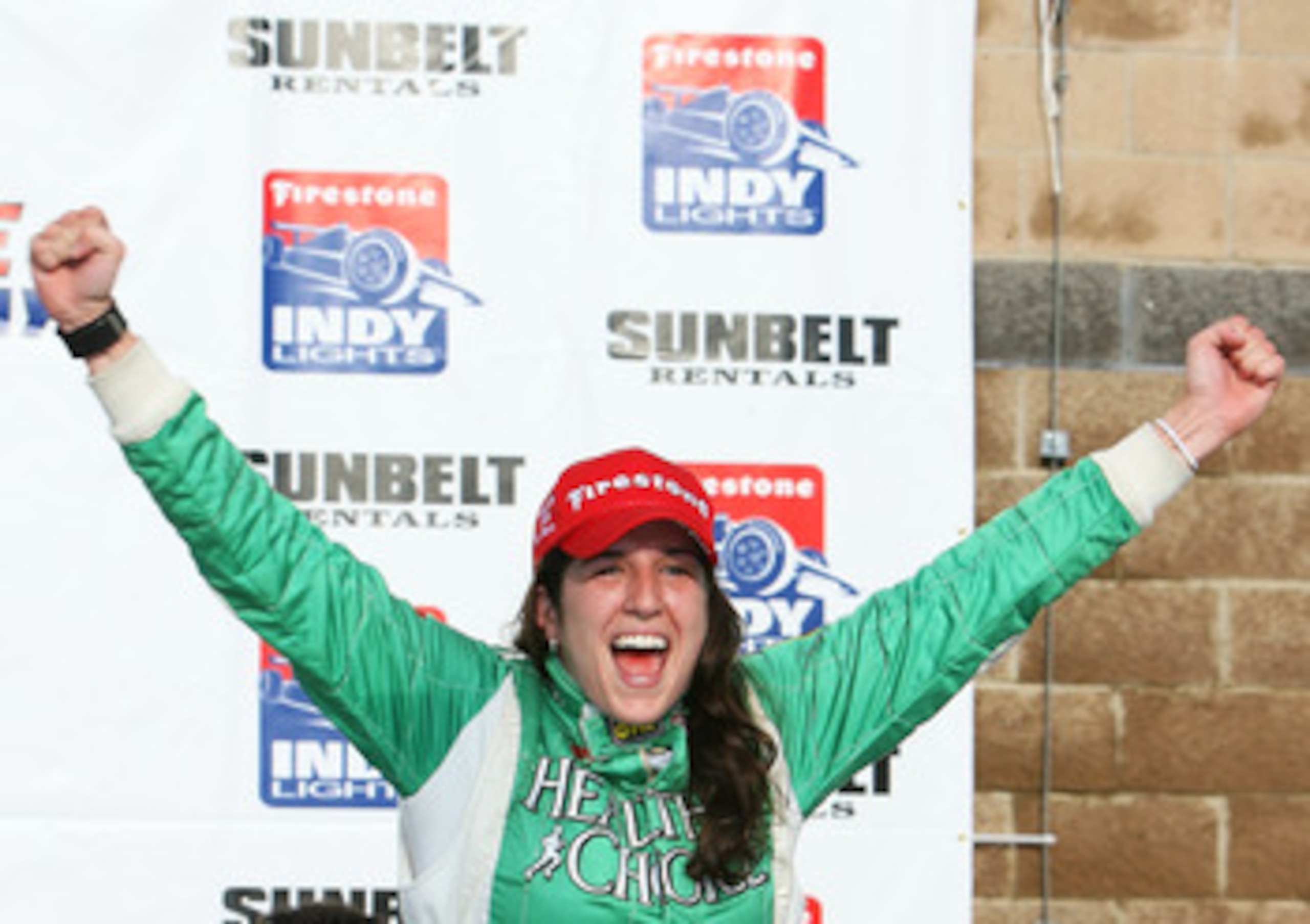NASHVILLE, TN - JULY 12: Ana Beatriz of Brazil driver of the #20 Sam Schmidt Motorsports Dallara Indy Light celebrates after winning the Firestone Indy Lights Sunbelt Rentals 100 on July 12, 2008 at the Nashville Superspeedway in Nashville, Tennessee. ( NASHVILLE, TN - JULY 12: Ana Beatriz of Brazil driver of the #20 Sam Schmidt Motorsports Dallara Indy Light celebrates after winning the Firestone Indy Lights Sunbelt Rentals 100 on July 12, 2008 at the Nashville Superspeedway in Nashville, Tennessee. (