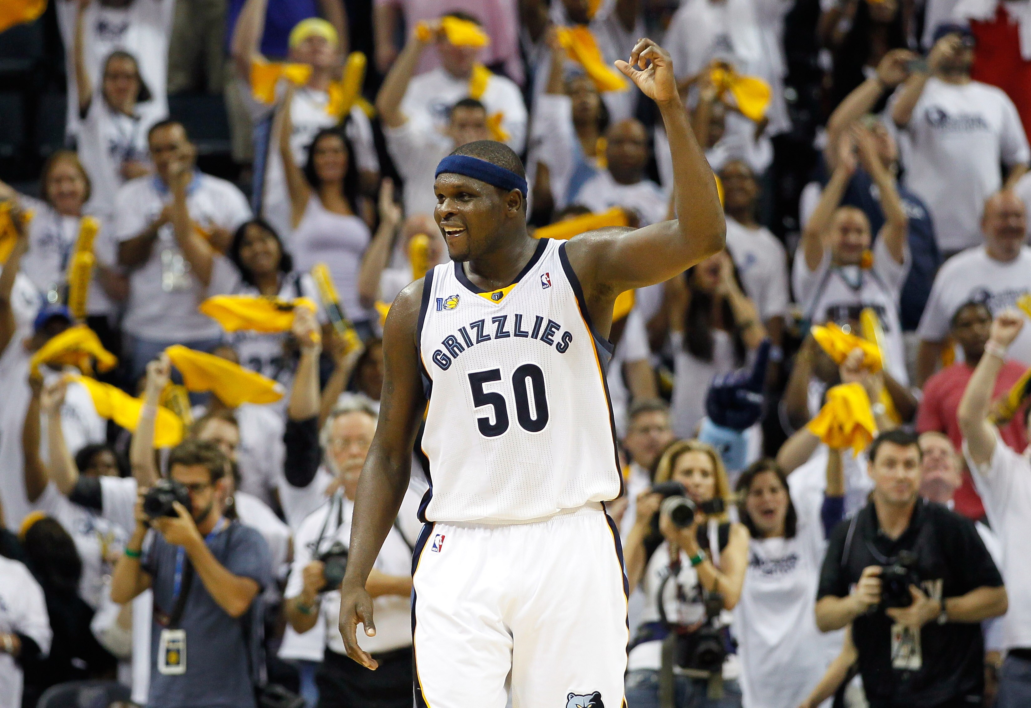 MEMPHIS, TN - MAY 13:  Zach Randolph #50 of the Memphis Grizzlies reacts in the final seconds of their 95-83 win over the Oklahoma City Thunder in Game Six of the Western Conference Semifinals in the 2011 NBA Playoffs at FedExForum on May 13, 2011 in Memp