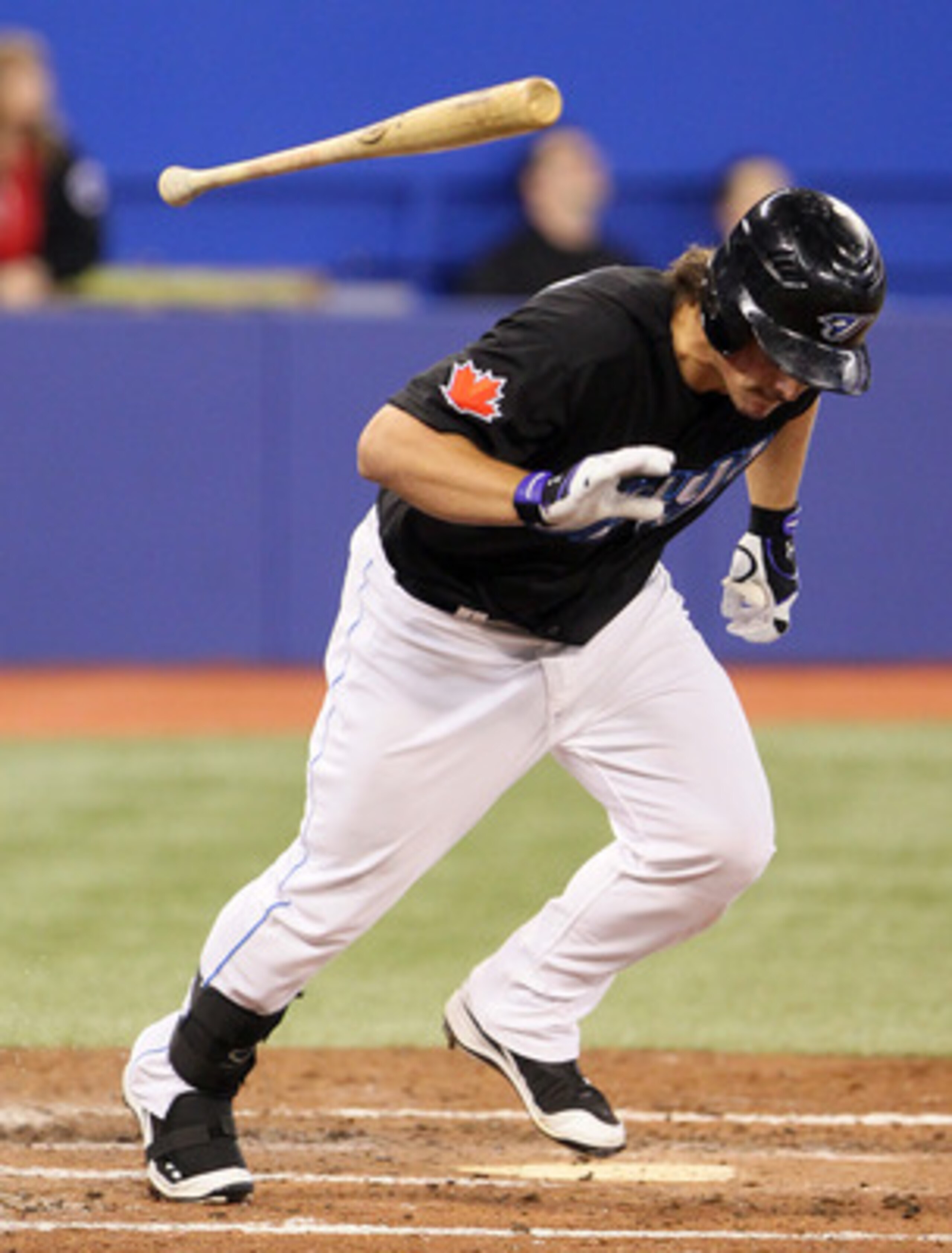 TORONTO, CANADA - APRIL 7: Travis Snider #45 of the Toronto Blue Jays throws his bat during MLB action between the Toronto Blue Jays and the Oakland Athletics at the Rogers Centre April 7, 2011 in Toronto, Ontario, Canada. (Photo by Abelimages/Getty Image