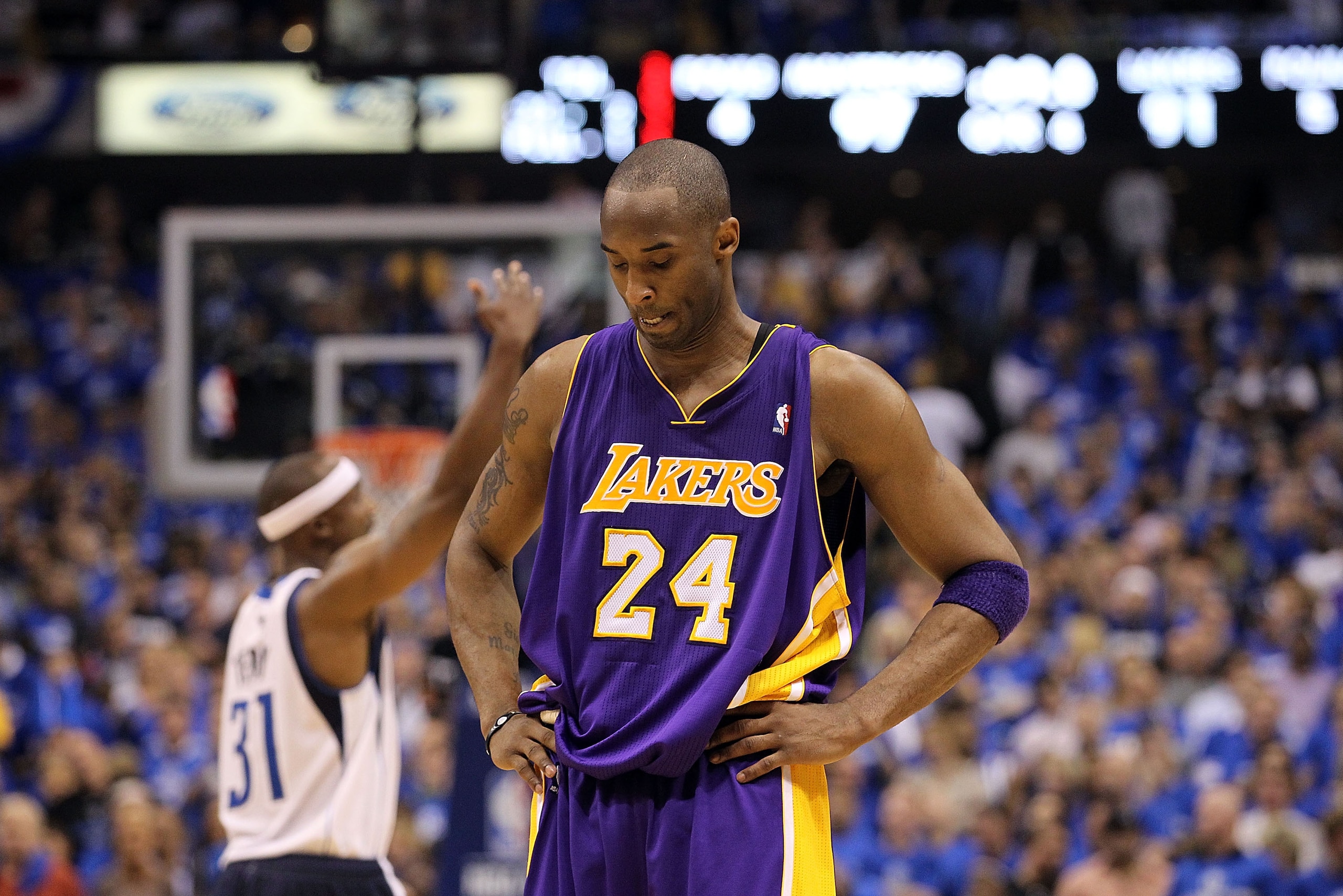 DALLAS, TX - MAY 06:  Guard Kobe Bryant #24 of the Los Angeles Lakers reacts during a 98-92 loss against the Dallas Mavericks in Game Three of the Western Conference Semifinals during the 2011 NBA Playoffs on May 6, 2011 at American Airlines Center in Dal