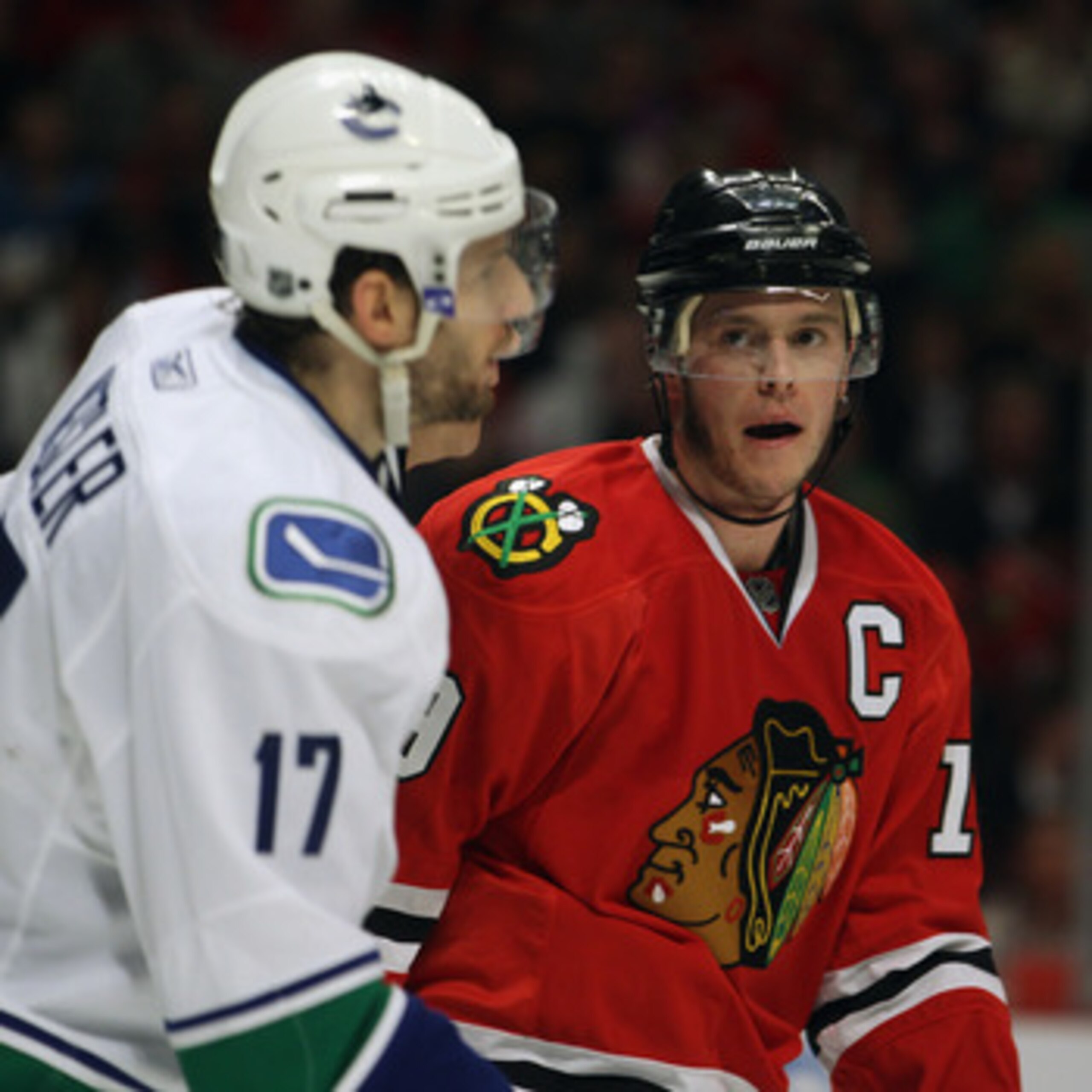 CHICAGO, IL - APRIL 24: Jonathan Toews #19 of the Chicago Blackhawks has words with Ryan Kesler #17 of the Vancouver Canucks in Game Six of the Western Conference Quarterfinals during the 2011 NHL Stanley Cup Playoffs at the United Center on April 24, 201 CHICAGO, IL - APRIL 24: Jonathan Toews #19 of the Chicago Blackhawks has words with Ryan Kesler #17 of the Vancouver Canucks in Game Six of the Western Conference Quarterfinals during the 2011 NHL Stanley Cup Playoffs at the United Center on April 24, 201