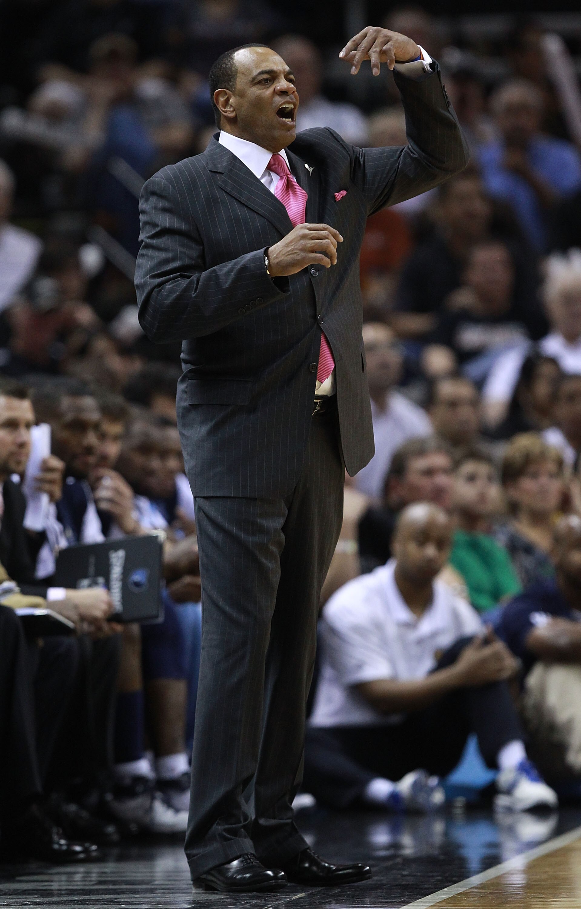 SAN ANTONIO, TX - APRIL 27:  Head coach Lionel Hollins of the Memphis Grizzlies yells against the San Antionio Spurs in Game Five of the Western Conference Quarterfinals in the 2011 NBA Playoffs on April 27, 2011 at AT&T Center in San Antonio, Texas. NOTE