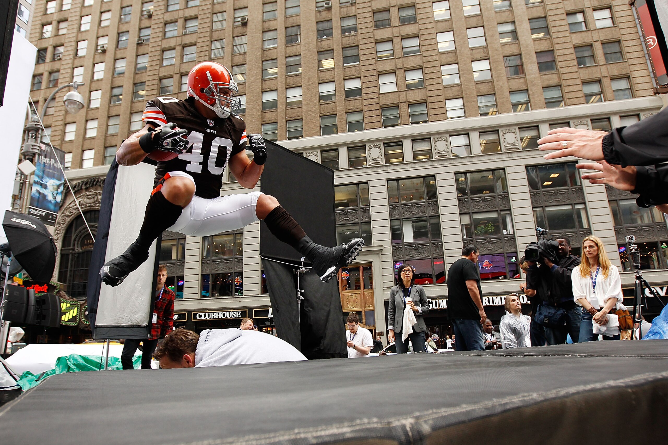 NEW YORK - APRIL 28:  Peyton Hillis #40 of the Cleveland Browns participates in a photo shoot for the cover of EA Sports Madden NFL 12 on April 28, 2011 in Time Square, New York City  (Photo by Mike Stobe/Getty Images for EA Sports)