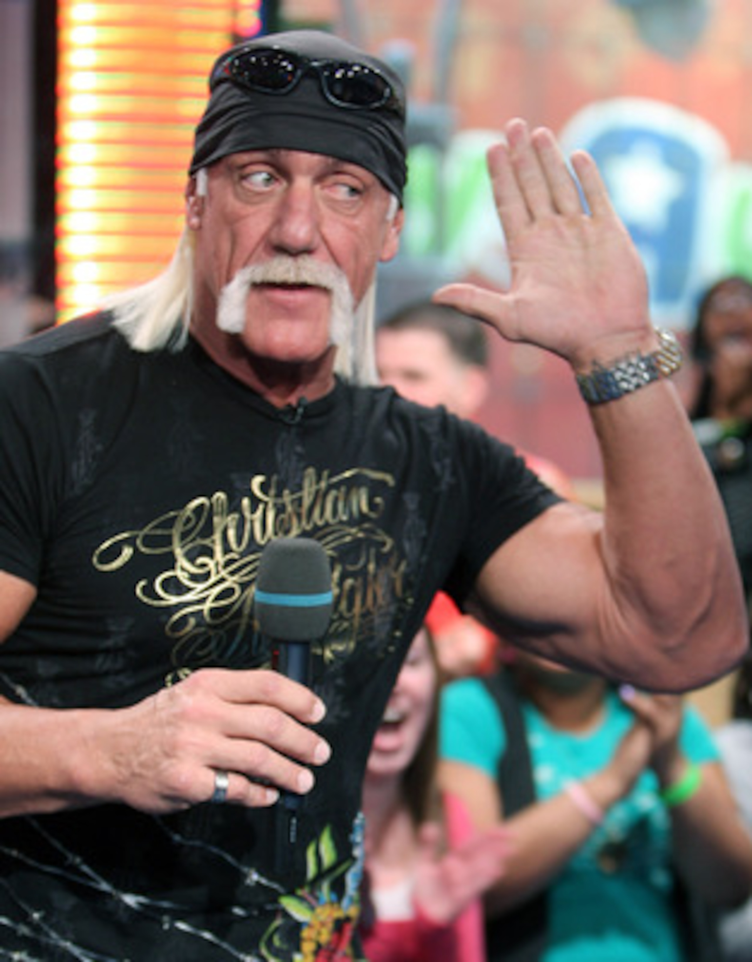 NEW YORK - JANUARY 07:  (U.S. TABS OUT)  TV personality Hulk Hogan appears onstage during MTV's Total Request Live at the MTV Times Square Studios January 7, 2008 in New York City.  (Photo by Scott Gries/Getty Images)