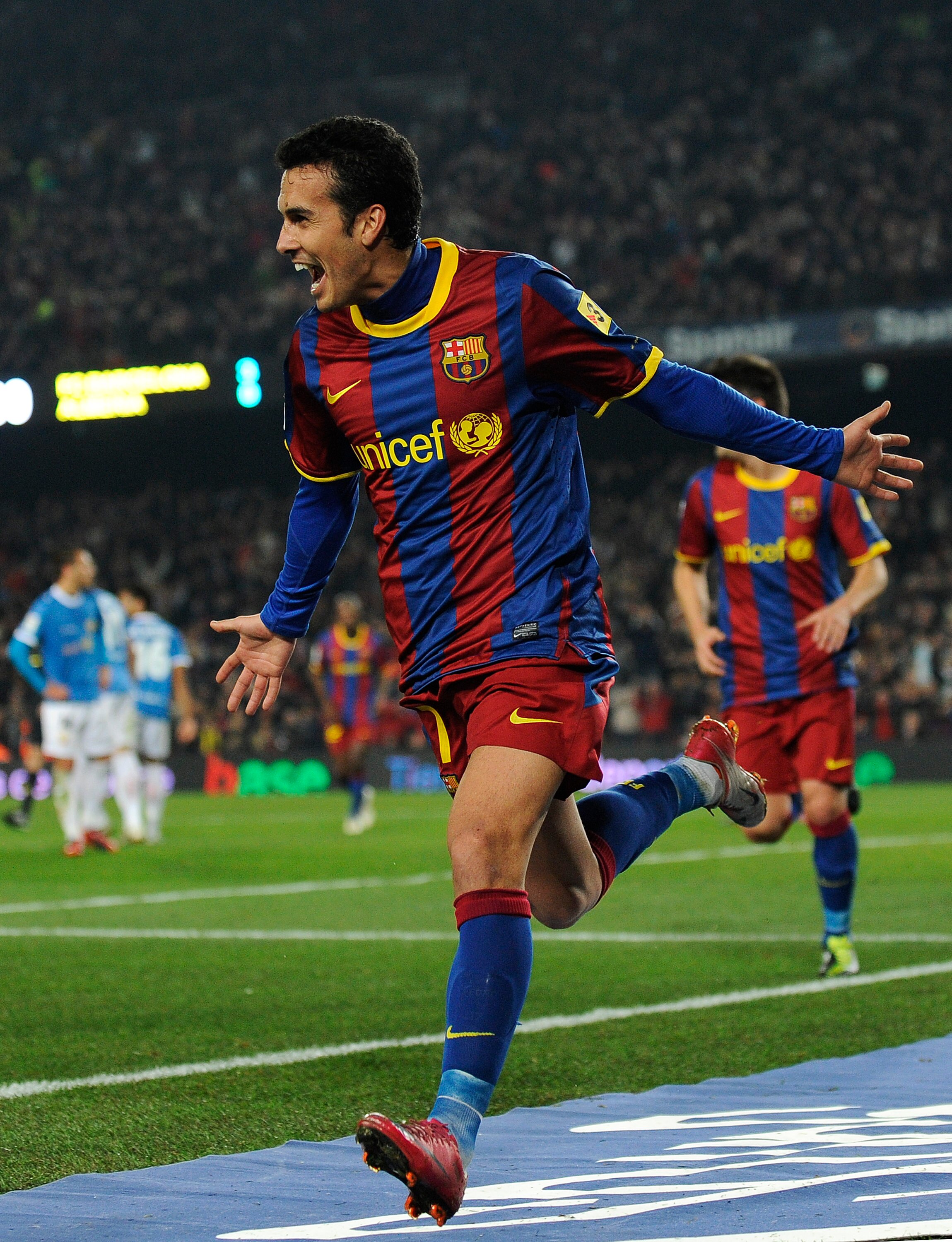 BARCELONA, SPAIN - JANUARY 26:  Pedro Rodriguez of Barcelona celebrates after scoring his forth team's goal during the Copa del Rey Semi Final First Leg match between Barcelona and Almeria at Camp Nou on January 26, 2011 in Barcelona, Spain.  (Photo by Da