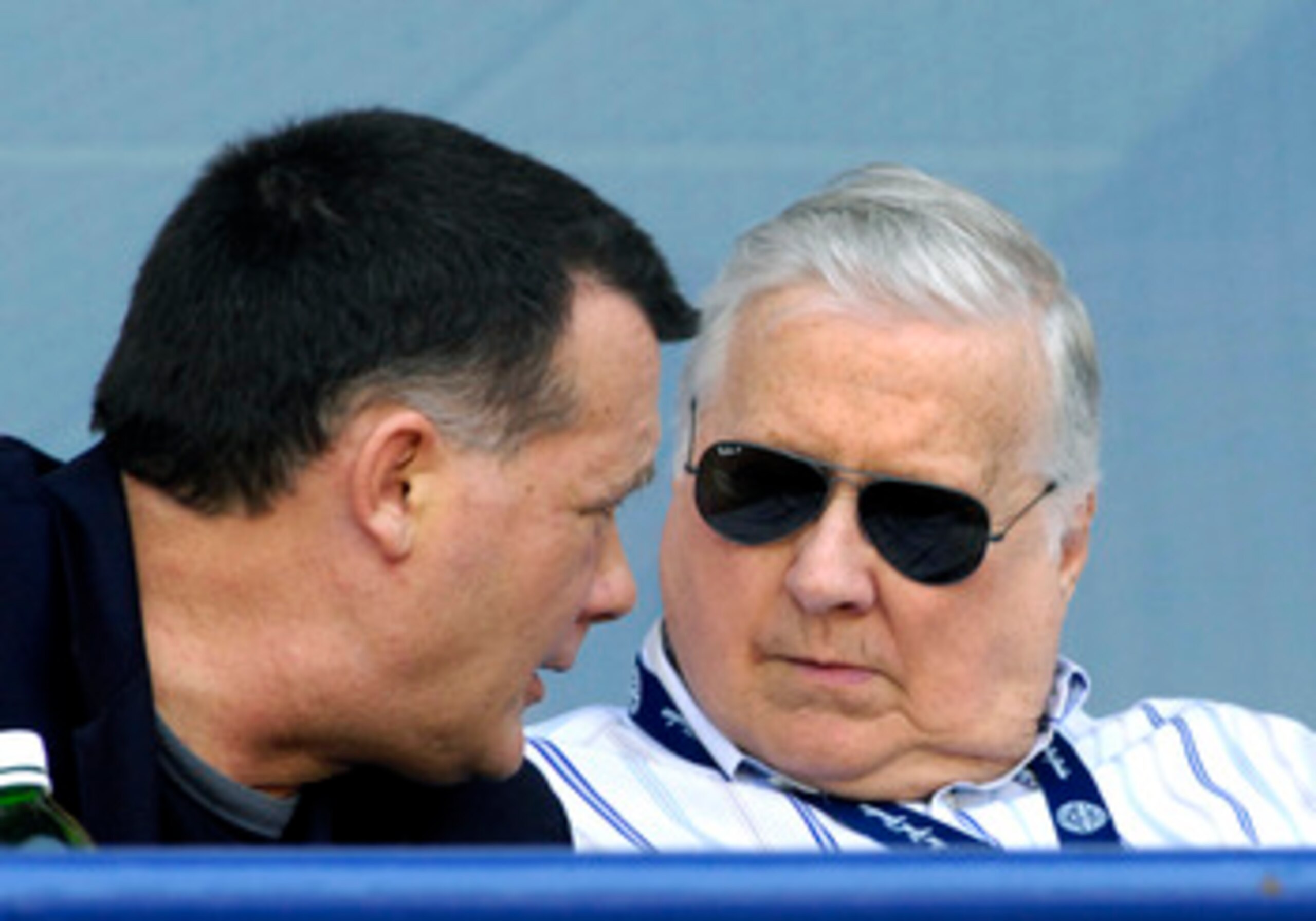 TAMPA, FL - APRIL 01:  Owner George Steinbrenner of the New York Yankees talks with his son, Hank, against the Philadelphia Phillies at George Steinbrenner Field April 1, 2009 in Tampa, Florida.  (Photo by Al Messerschmidt/Getty Images)