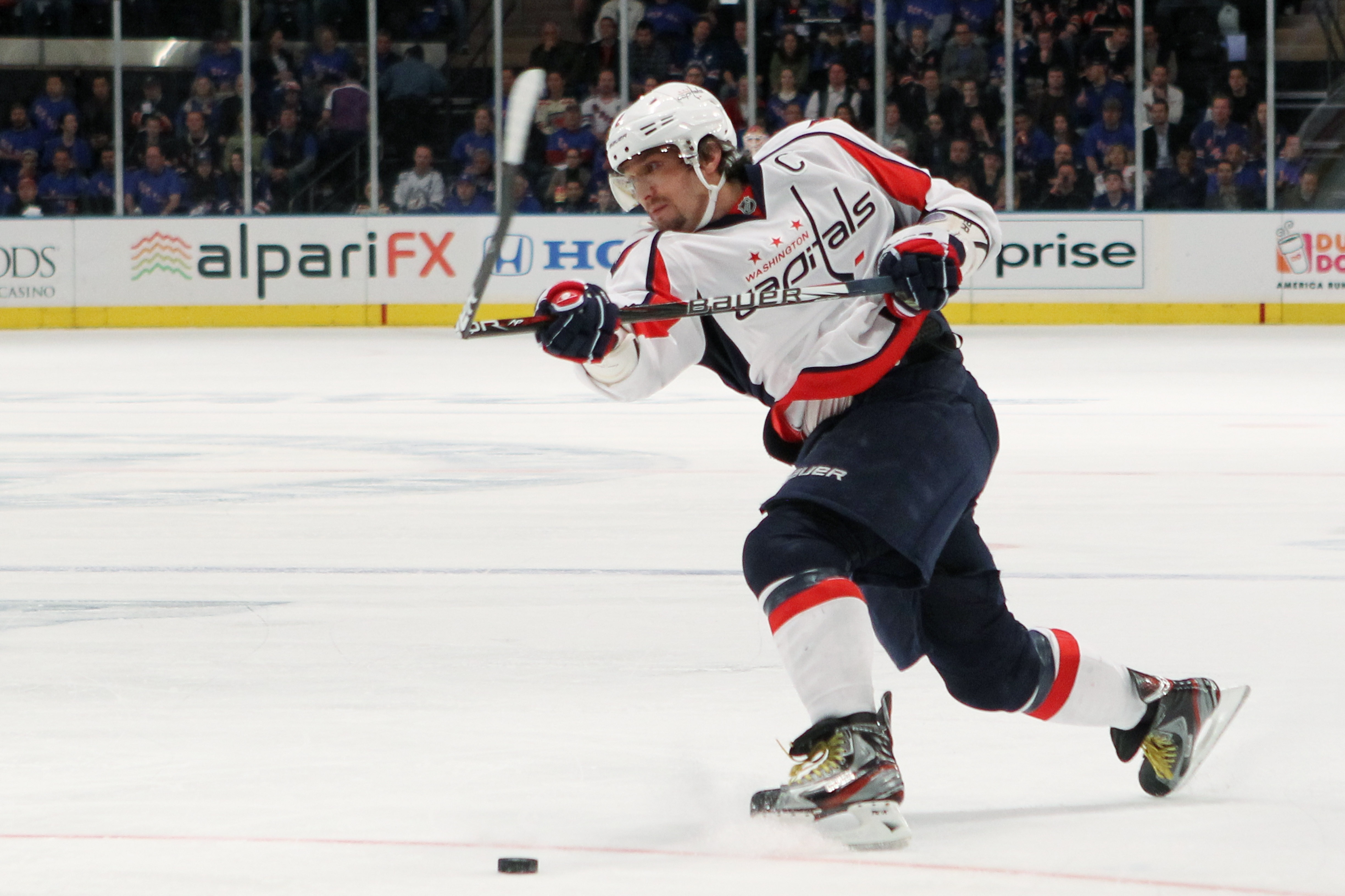 NEW YORK, NY - APRIL 28:  Alex Ovechkin #8 of the Washington Capitals breaks his stick in the first period of Game One of the Eastern Conference Semifinals against the New York Rangers during the 2012 NHL Stanley Cup Playoffs at Madison Square Garden on A