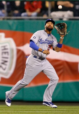 PITTSBURGH - MAY 09:  Matt Kempt #27 of the Los Angeles Dodgers makes a catch in the outfield during the game against the Pittsburgh Pirates on May 9, 2011 at PNC Park in Pittsburgh, Pennsylvania.  (Photo by Jared Wickerham/Getty Images)