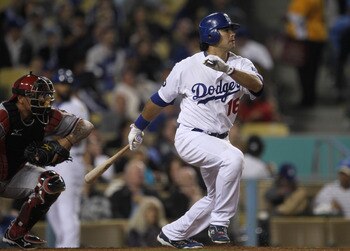 LOS ANGELES - MAY 13:   Andre Ethier #16 of the Los Angeles Dodgers hits an RBI infield single in the seventh inning against the Arizona Diamondbacks on May 13, 2011 at Dodger Stadium in Los Angeles, California.  (Photo by Stephen Dunn/Getty Images)