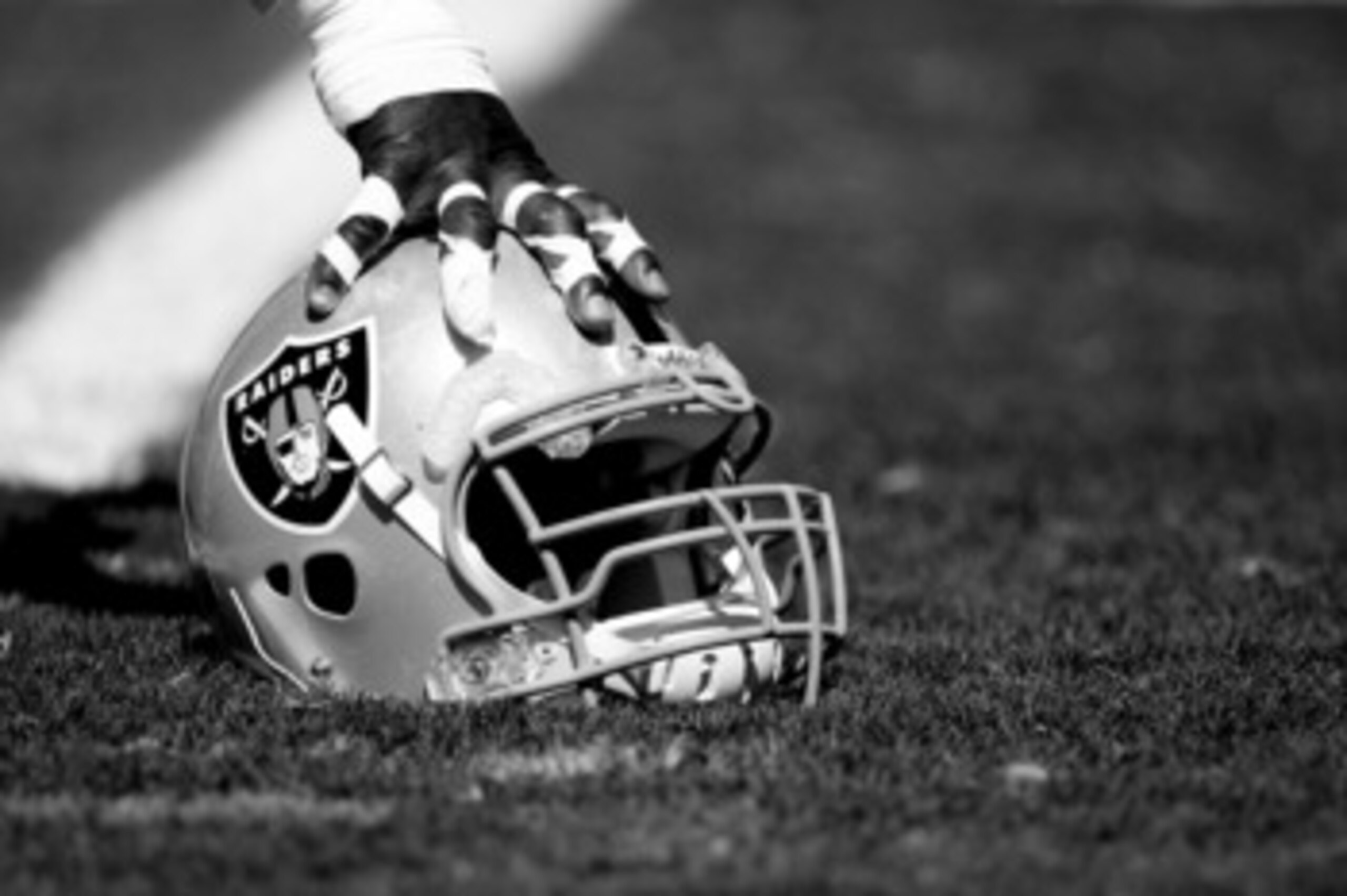 NAPA, CA - AUGUST 5: (EDITORS NOTE: THIS IMAGE HAS BEEN CONVERTED TO BLACK AND WHITE) A detail of a helmet during the Oakland Raiders Training Camp at the Napa Valley Marriott on August 5, 2009 in Napa, California. (Photo by Jed Jacobsohn/Getty Images)