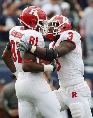 EAST HARTFORD, CT - OCTOBER 31:  Mark Harrison #81 of the Rutgers Scarlet Knights celebrates his touchdown with teammate Shamar Graves #3 in the second half against the Connecticut Huskies on October 31, 2009 at Rentschler Field in East Hartford, Connecti