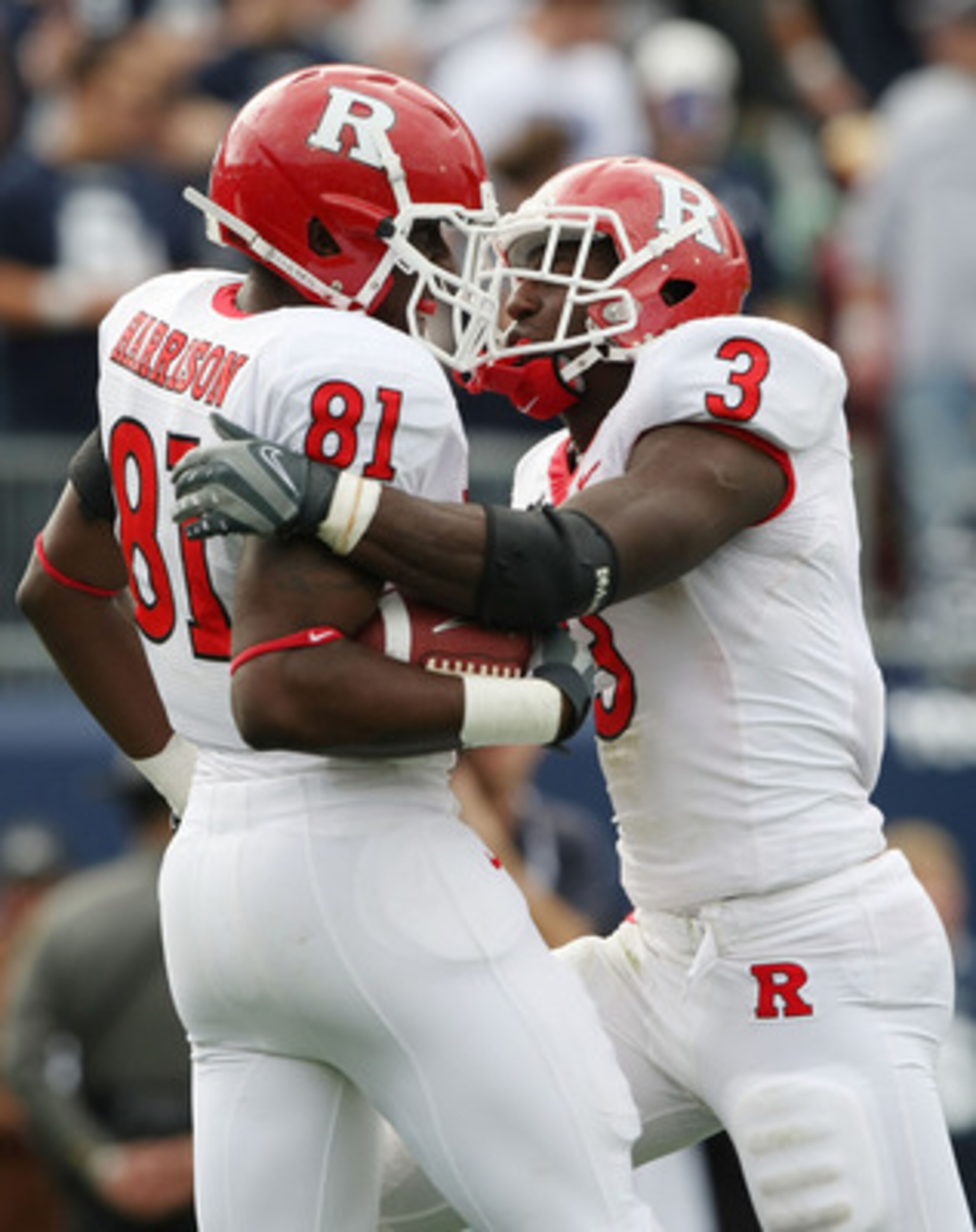 EAST HARTFORD, CT - OCTOBER 31:  Mark Harrison #81 of the Rutgers Scarlet Knights celebrates his touchdown with teammate Shamar Graves #3 in the second half against the Connecticut Huskies on October 31, 2009 at Rentschler Field in East Hartford, Connecti