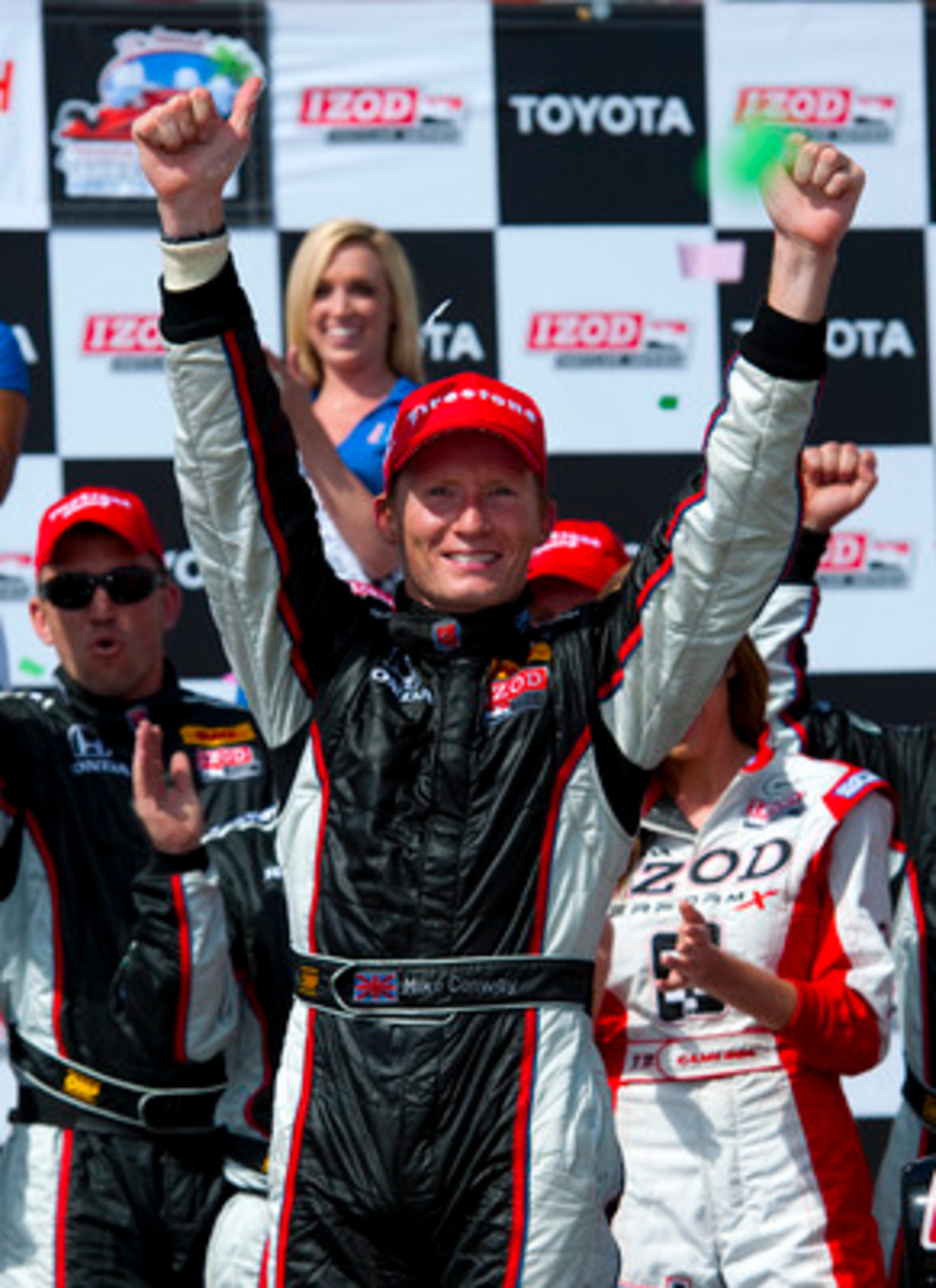 LONG BEACH, CA - APRIL 17:  Mike Conway of England, driver of the #27 Andretti Autosport Dallara Honda, celebrates after winning the IndyCar Series Toyota Grand Prix of Long Beach on April 17, 2011 on the streets of Long Beach, California.  (Photo by Robe