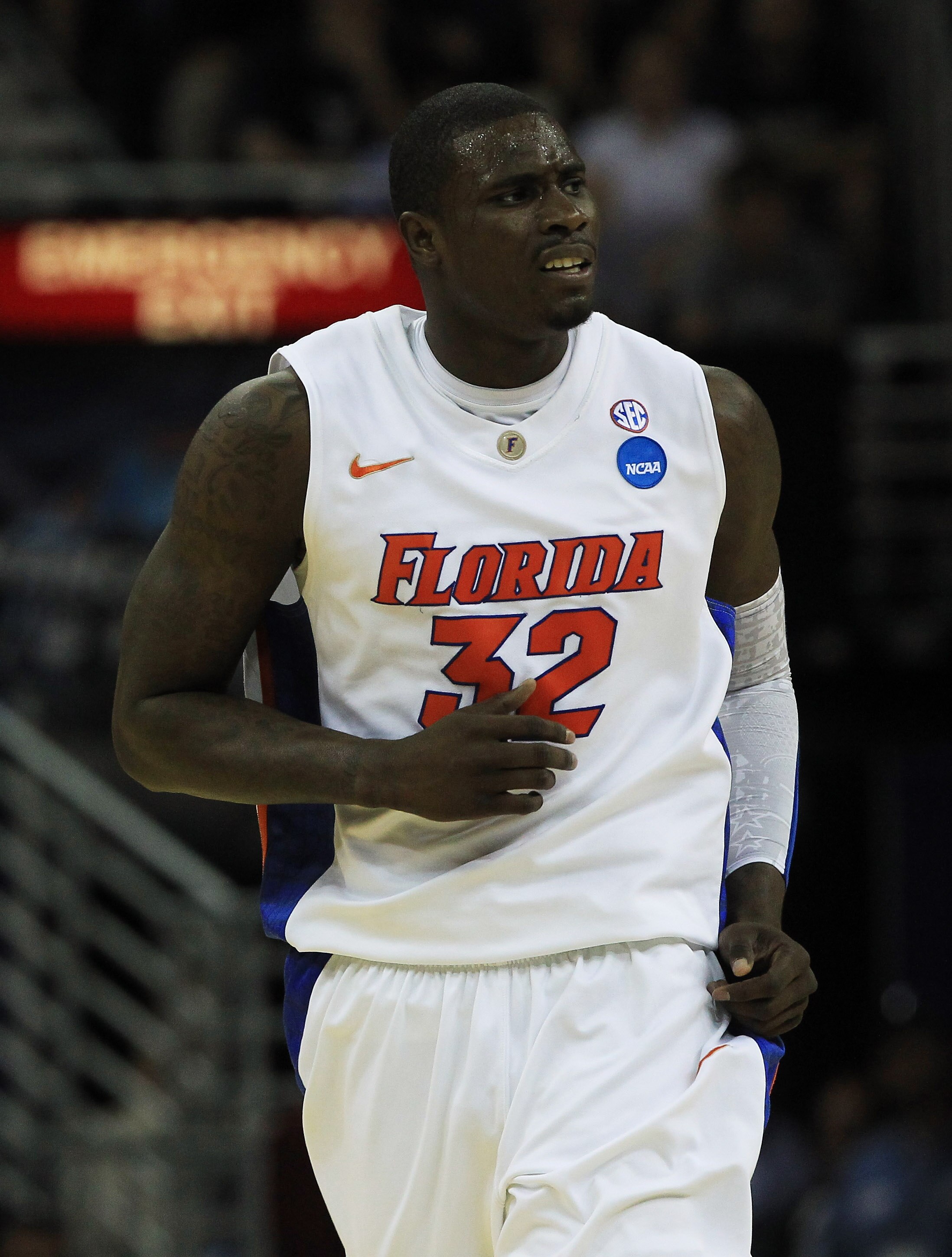 NEW ORLEANS, LA - MARCH 26:  Vernon Macklin #32 of the Florida Gators reacts during the second half of their game against the Butler Bulldogs in the Southeast regional final of the 2011 NCAA men's basketball tournament at New Orleans Arena on March 26, 20
