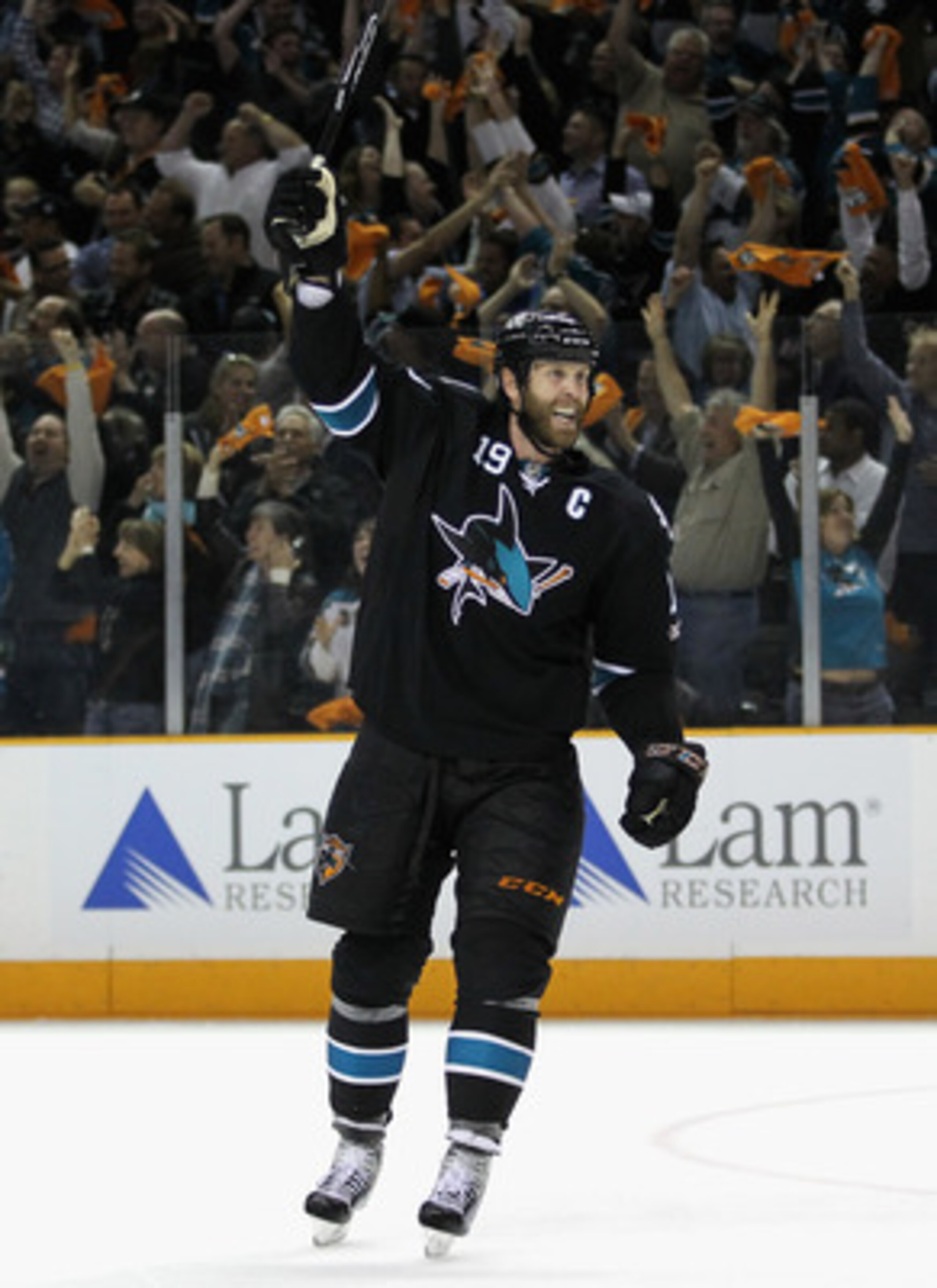 SAN JOSE, CA - MAY 12:  Joe Thornton #19 of the San Jose Sharks celebrates after they beat the Detroit Red Wings in Game Seven of the Western Conference Semifinals during the 2011 NHL Stanley Cup Playoffs at HP Pavilion on May 12, 2011 in San Jose, Califo
