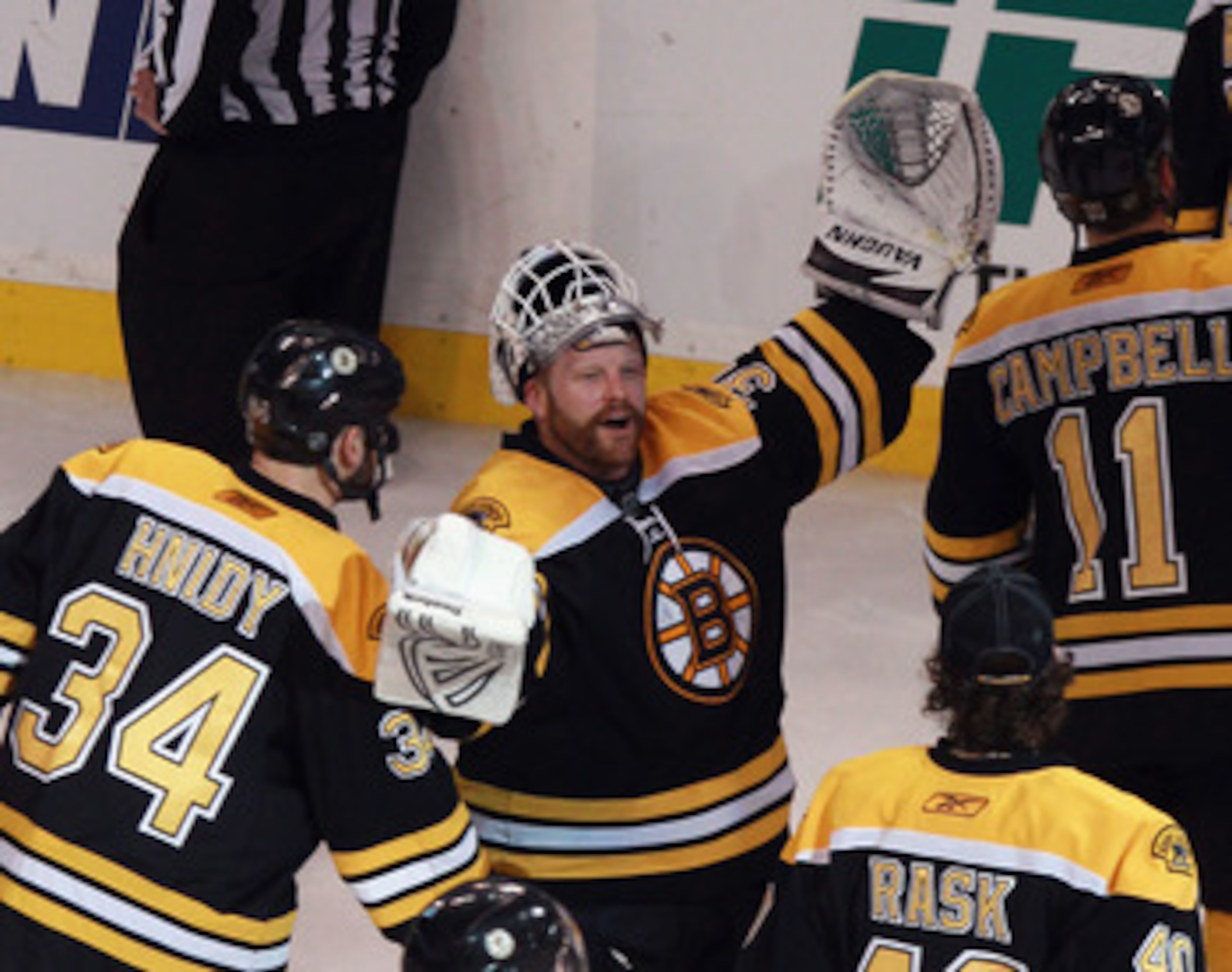 BOSTON, MA - MAY 06:  Tim Thomas #30 of the Boston Bruins celebrates victory over the Philadelphia Flyers in Game Four of the Eastern Conference Semifinals during the 2011 NHL Stanley Cup Playoffs at TD Garden on May 6, 2011 in Boston, Massachusetts. The