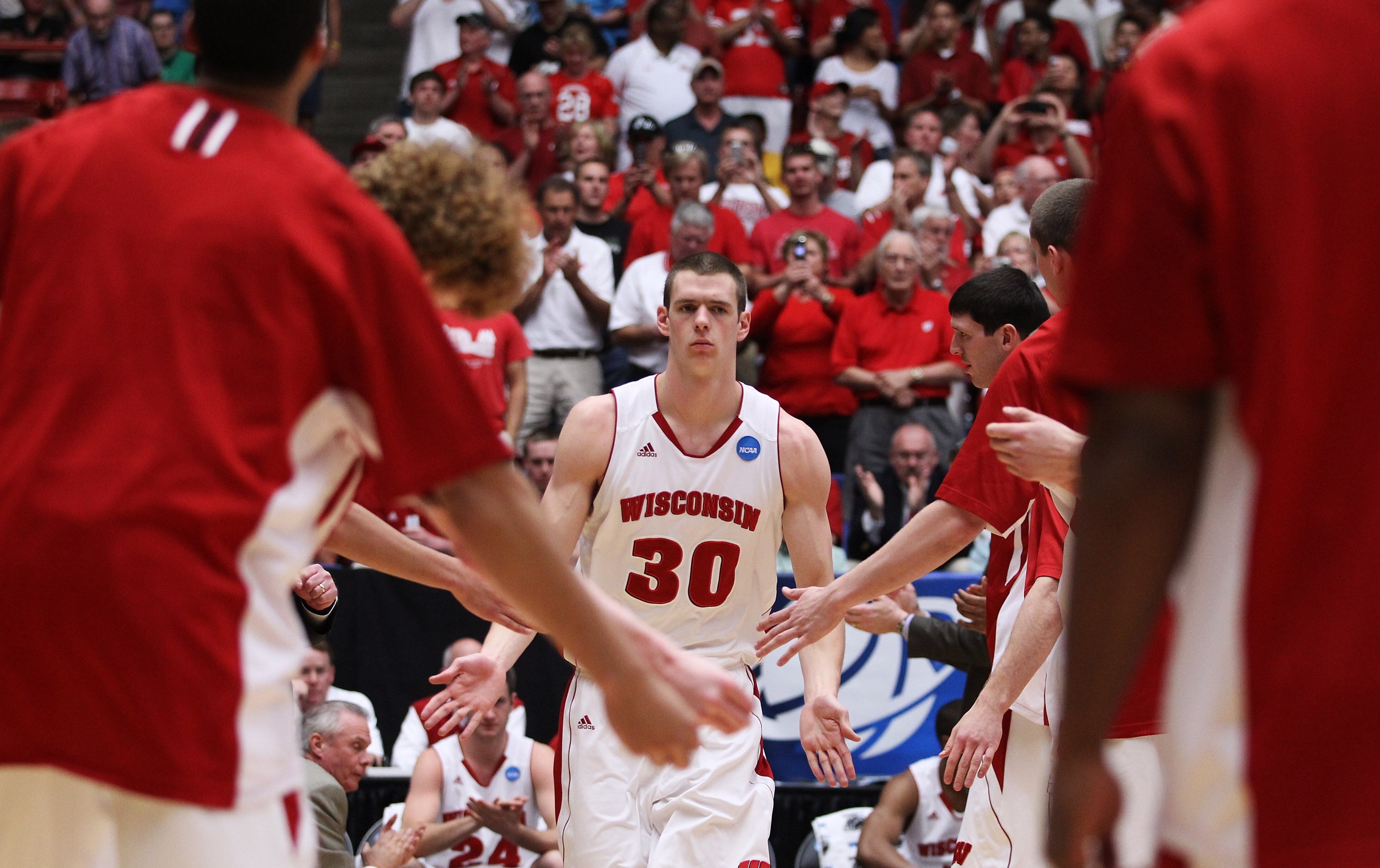 TUCSON, AZ - MARCH 17:  Jon Leuer #30 of the Wisconsin Badgers is introduced prior to their game against the Belmont Bruins during the second round of the 2011 NCAA men's basketball tournament at McKale Center on March 17, 2011 in Tucson, Arizona.  (Photo