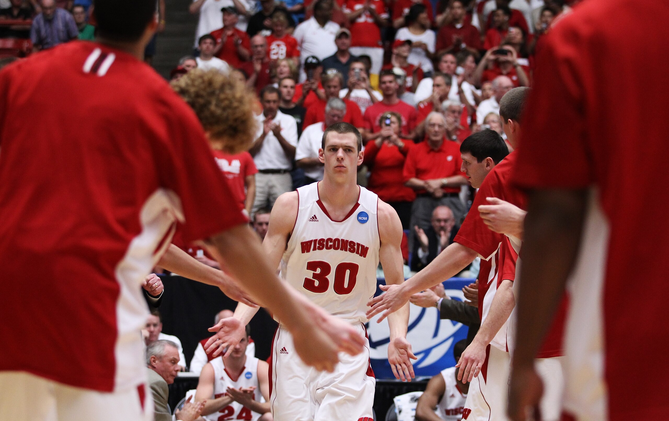TUCSON, AZ - MARCH 17:  Jon Leuer #30 of the Wisconsin Badgers is introduced prior to their game against the Belmont Bruins during the second round of the 2011 NCAA men's basketball tournament at McKale Center on March 17, 2011 in Tucson, Arizona.  (Photo