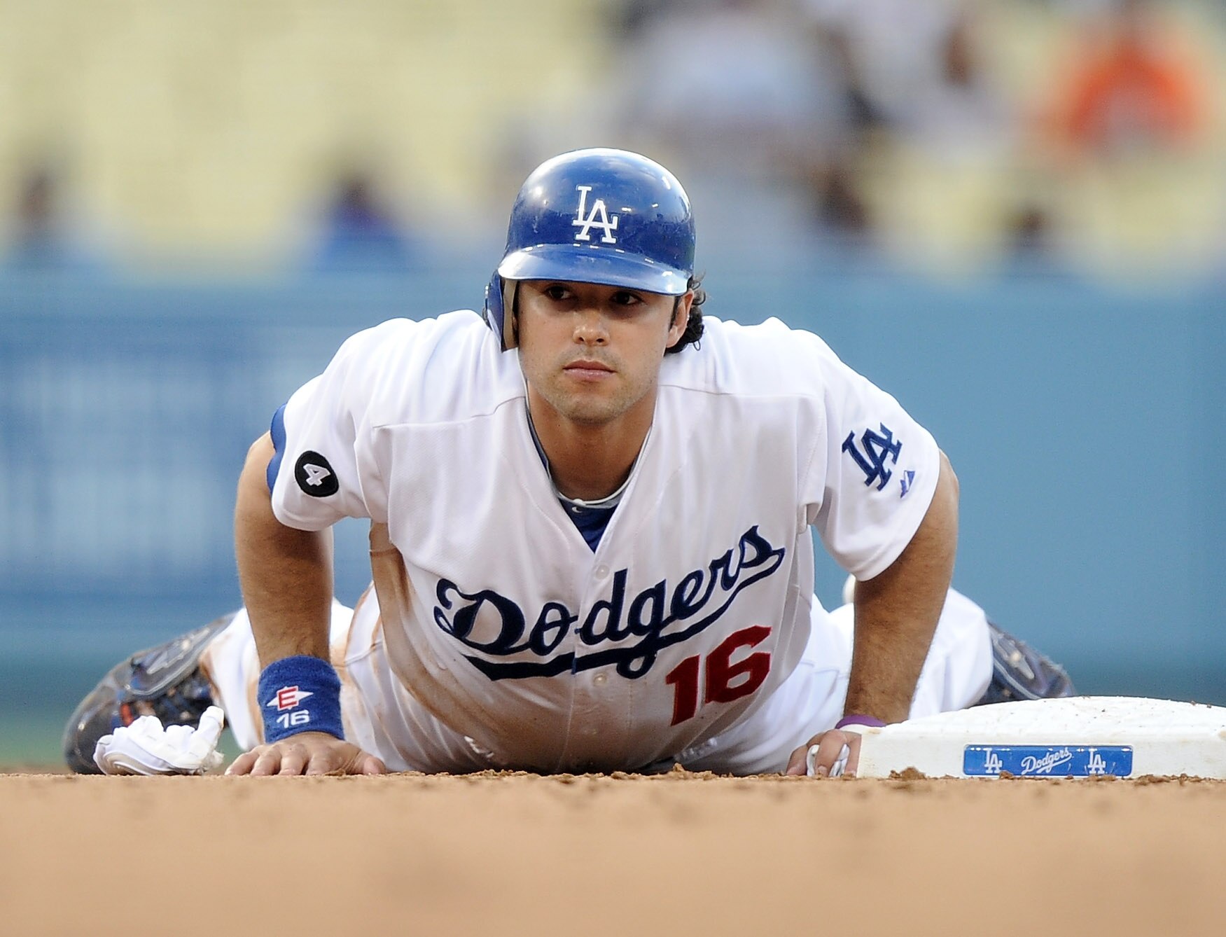 LOS ANGELES, CA - MAY 14:  Andre Ethier #16 of the Los Angeles Dodgers lays at second base after a double play to end the game and lose 1-0 to the Arizona Diamondbacks during the ninth inning at Dodger Stadium on May 14, 2011 in Los Angeles, California.