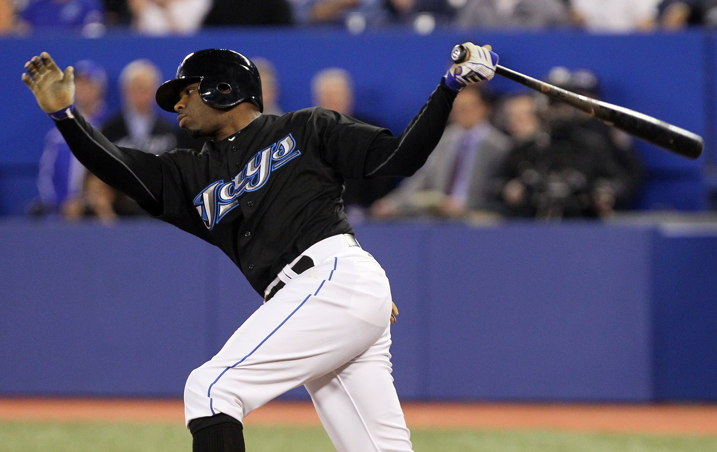 TORONTO, CANADA - APRIL 7: Rajai Davis #11 of the Toronto Blue Jays reacts to a strikeout during MLB action between the Toronto Blue Jays and the Oakland Athletics at the Rogers Centre April 7, 2011 in Toronto, Ontario, Canada. (Photo by Abelimages/Getty