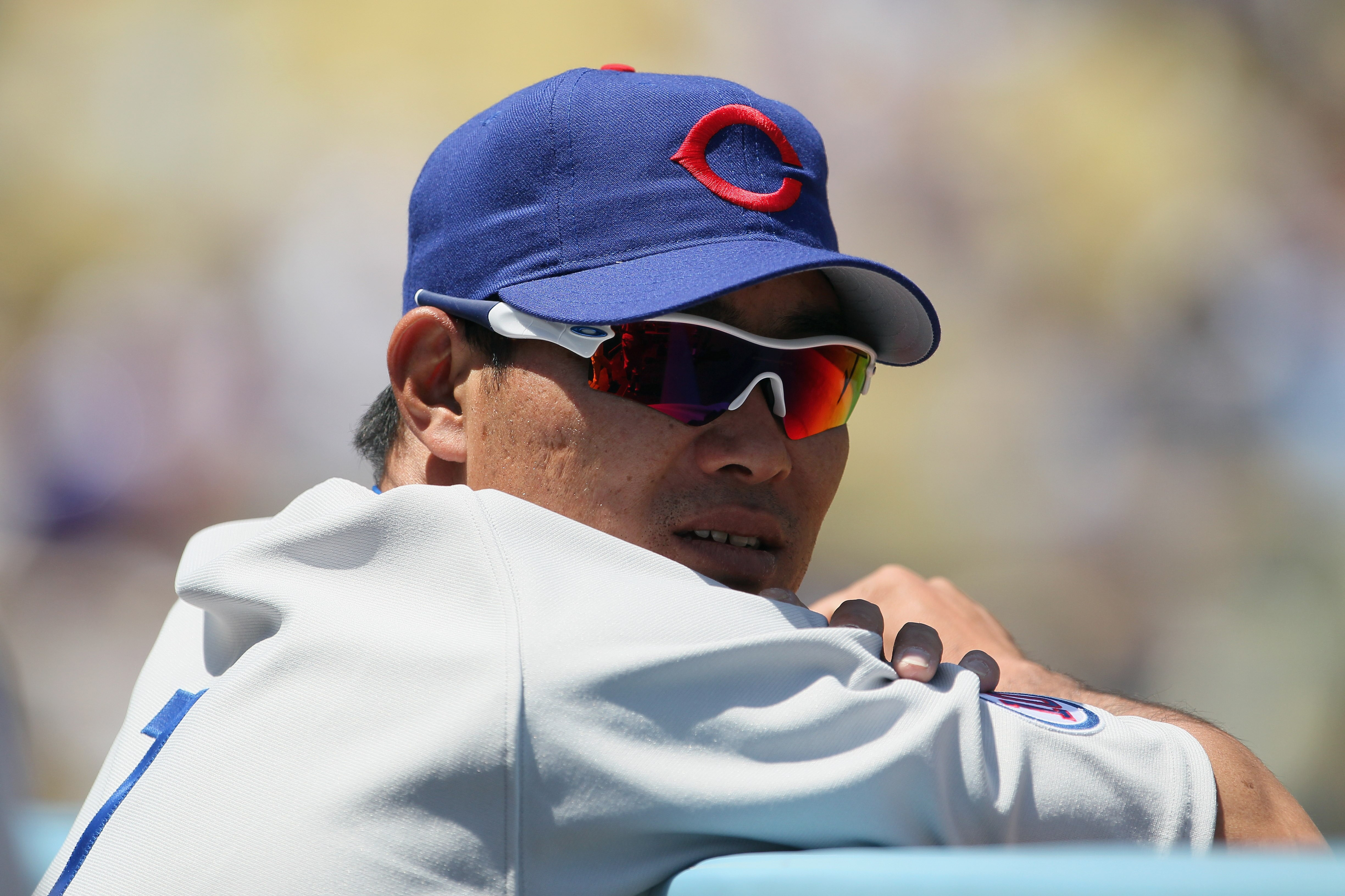 LOS ANGELES, CA - MAY 04:  Kosuke Fukudome #1 of the Chicago Cubs looks on from the dugout prior to the start of the game against the Los Angeles Dodgers at Dodger Stadium on May 4, 2011 in Los Angeles, California. The Cubs defeated the Dodgers 5-1.  (Pho
