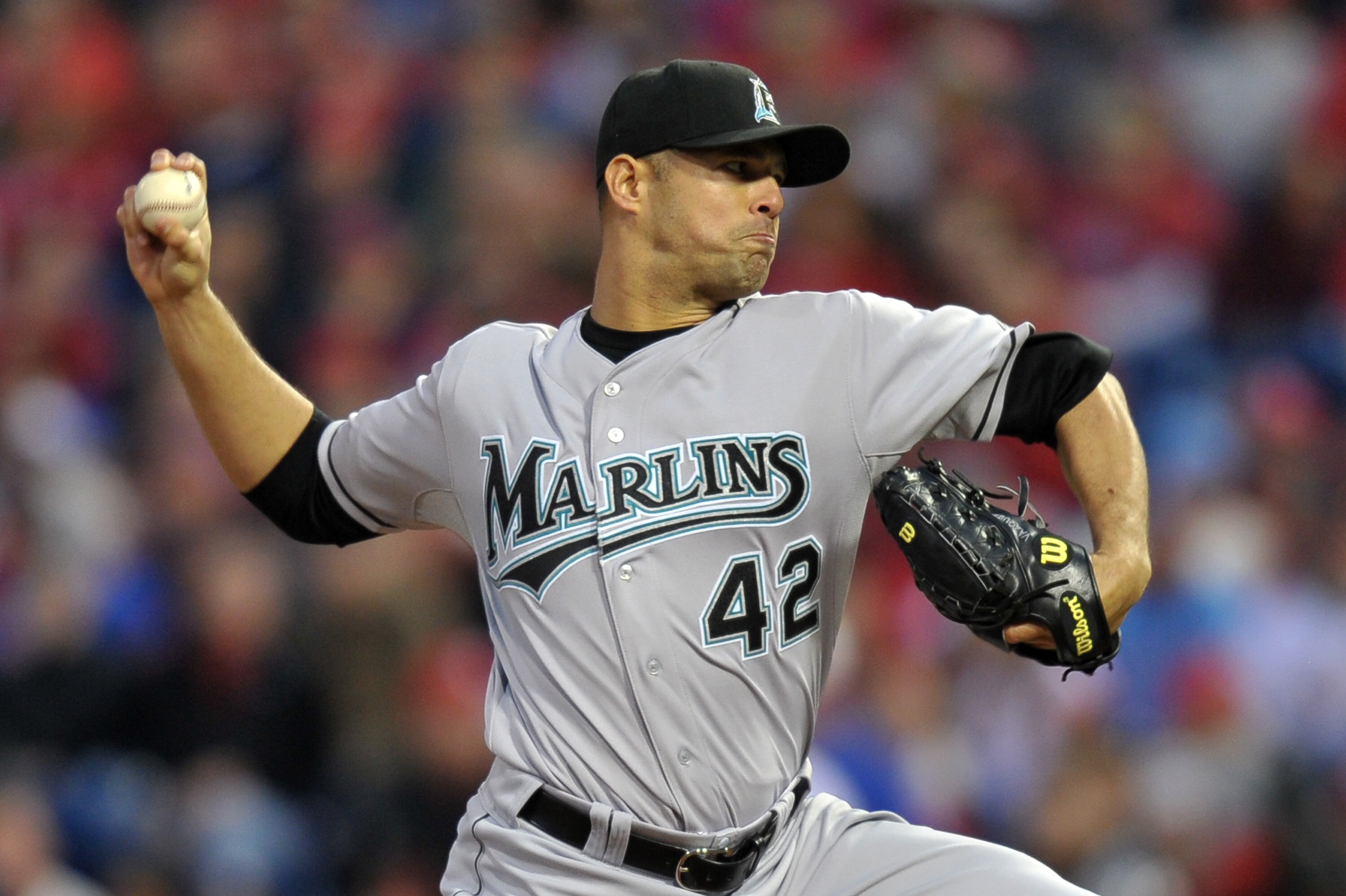 PHILADELPHIA, PA - APRIL 15: Starting pitcher Javier Vazquez #23 of the Florida Marlins delivers a pitch during the game against the Philadelphia Phillies at Citizens Bank Park on April 15, 2011 in Philadelphia, Pennsylvania. (Photo by Drew Hallowell/Gett