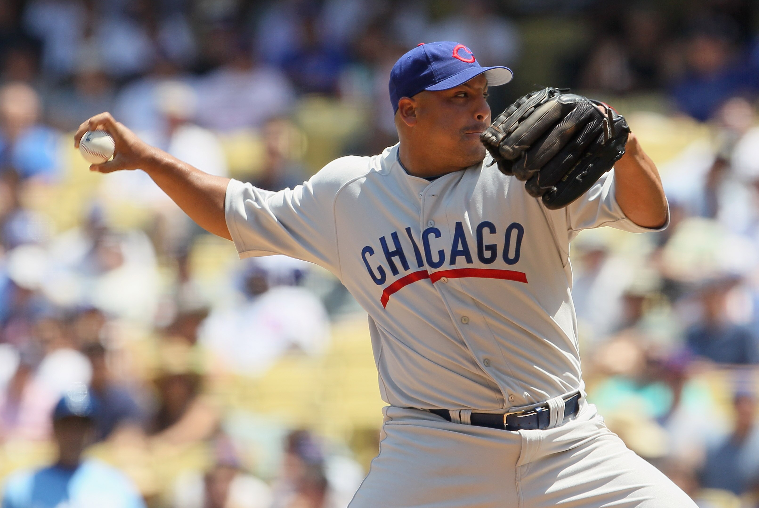 LOS ANGELES, CA - MAY 04:  Carlos Zambrano #38 of the Chicago Cubs pitches against the Los Angeles Dodgers at Dodger Stadium on May 4, 2011 in Los Angeles, California.  (Photo by Jeff Gross/Getty Images)