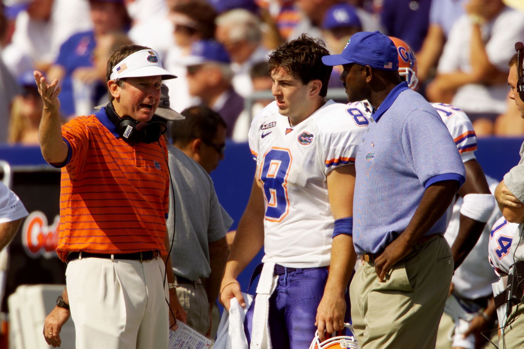 22 Sep 2001:  Florida head coach Steve Spurrier directs quarterback Rex Grossman #8 during the game against Kentucky at Commonwealth Stadium in Lexington, Kentucky. Florida beat Kentucky 44-10. DIGITAL IMAGE. Mandatory Credit : Brian Bahr/Allsport