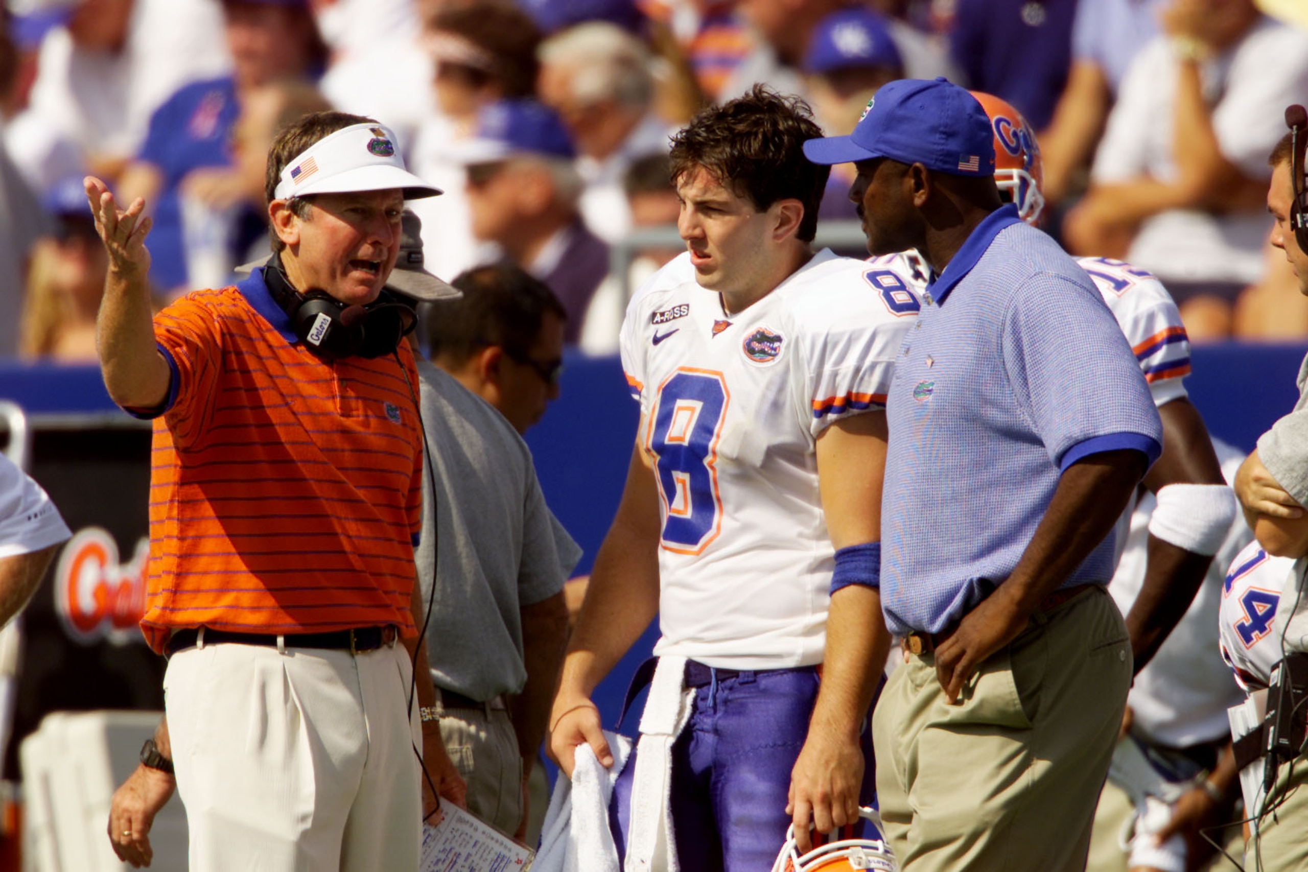 22 Sep 2001:  Florida head coach Steve Spurrier directs quarterback Rex Grossman #8 during the game against Kentucky at Commonwealth Stadium in Lexington, Kentucky. Florida beat Kentucky 44-10. DIGITAL IMAGE. Mandatory Credit : Brian Bahr/Allsport