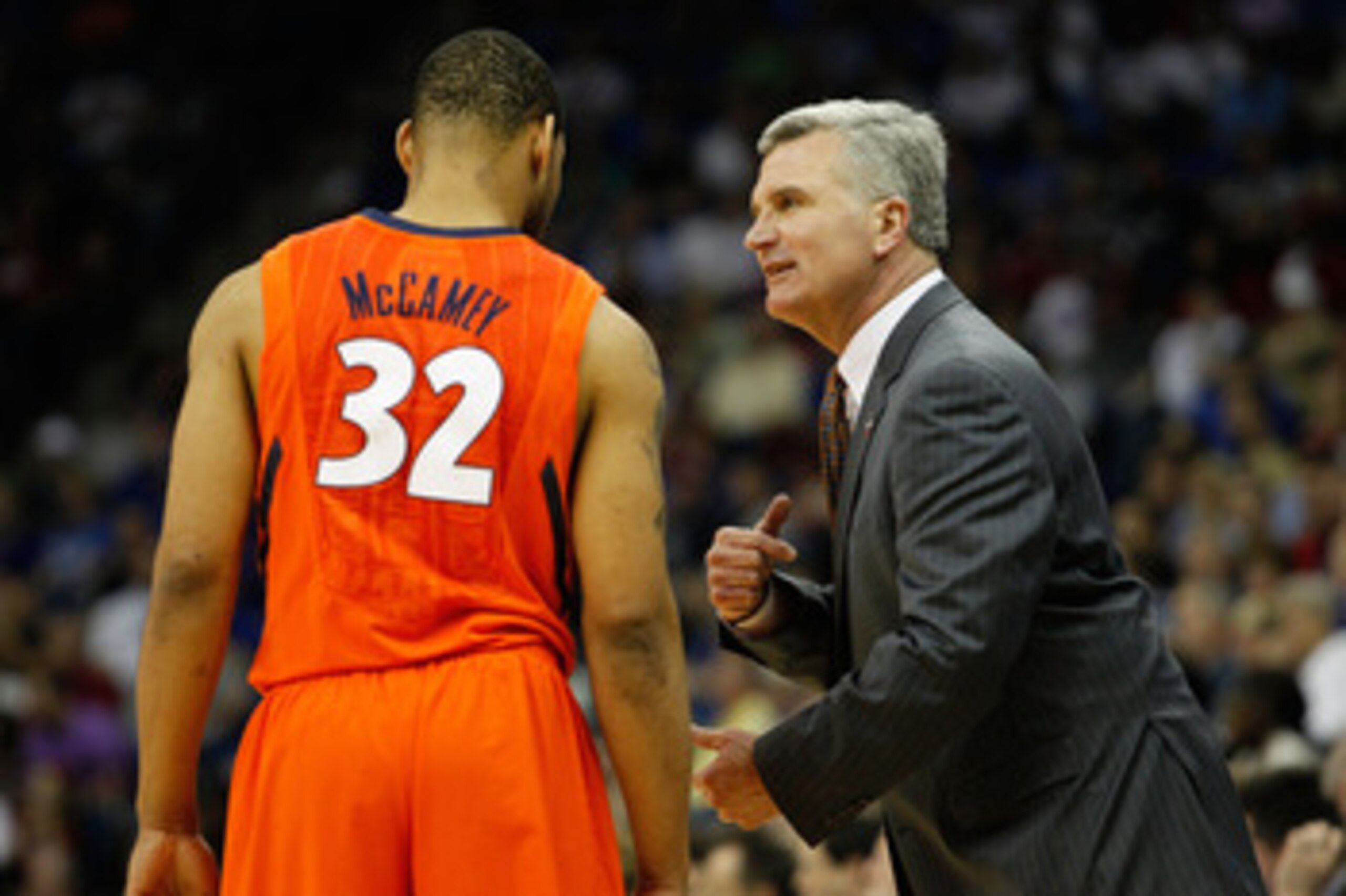 TULSA, OK - MARCH 20: Head coach Bruce Weber of the Illinois Fighting Illini speaks with Demetri McCamey #32 during the third round game against the Kansas Jayhawks in the 2011 NCAA men's basketball tournament at BOK Center on March 20, 2011 in Tulsa, Ok TULSA, OK - MARCH 20: Head coach Bruce Weber of the Illinois Fighting Illini speaks with Demetri McCamey #32 during the third round game against the Kansas Jayhawks in the 2011 NCAA men's basketball tournament at BOK Center on March 20, 2011 in Tulsa, Ok