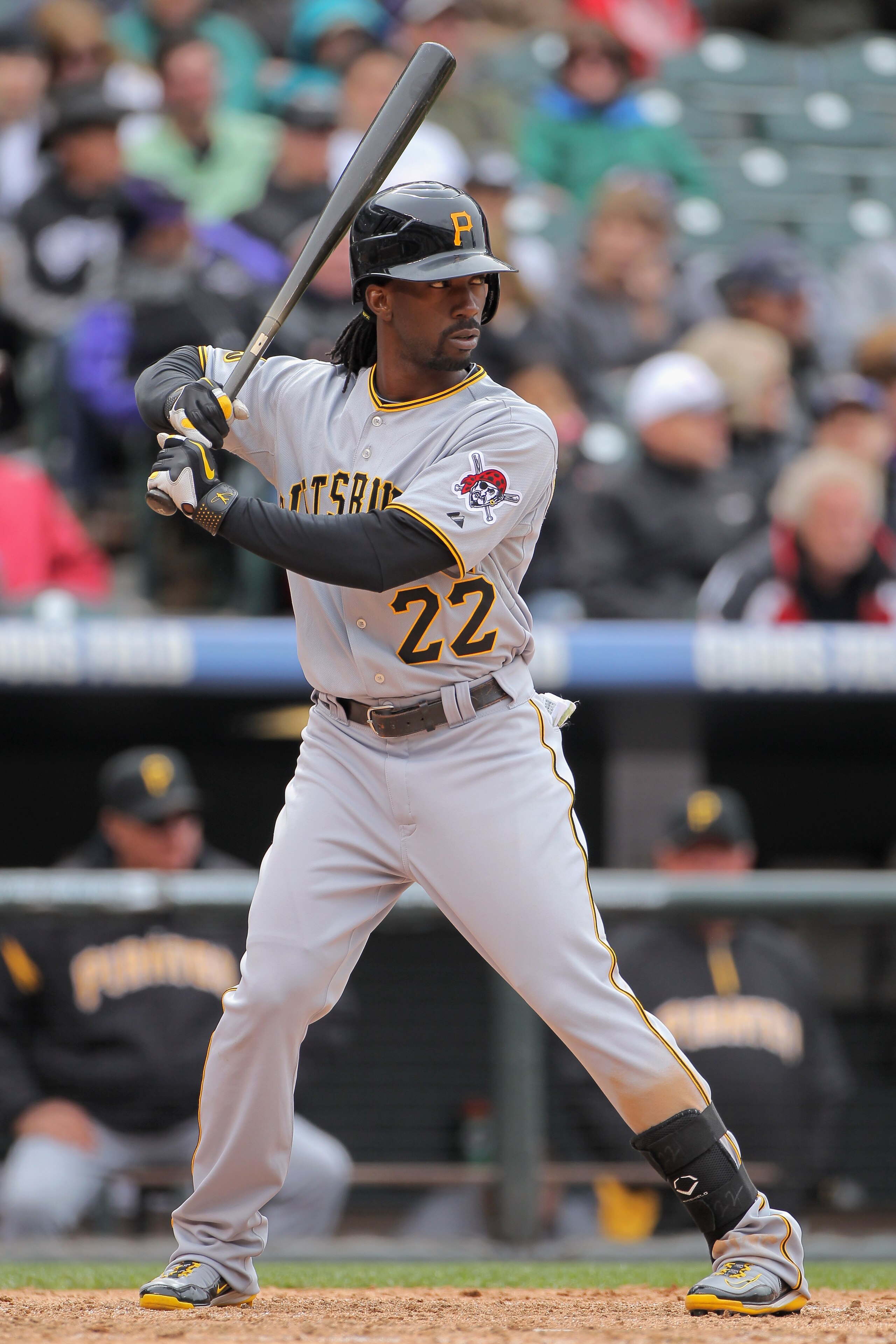 DENVER, CO - MAY 01:  Andrew McCutchen #22 of the Pittsburgh Pirates takes an at bat against the Colorado Rockies at Coors Field on May 1, 2011 in Denver, Colorado. The Pirates defeated the Rockies 8-4.  (Photo by Doug Pensinger/Getty Images)
