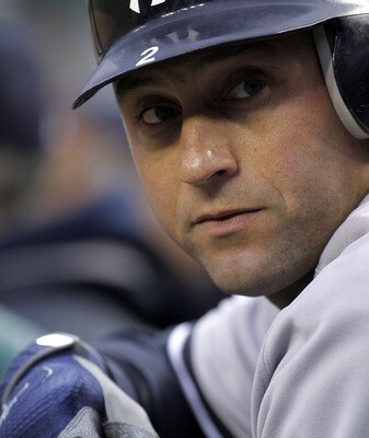 DETROIT, MI - MAY 03: Derek Jeter #2 of the New York Yankees looks on from the dugout while playing the Detroit Tigers at Comerica Park on May 3, 2011 in Detroit, Michigan. Detroit won the game 4-2. (Photo by Gregory Shamus/Getty Images)