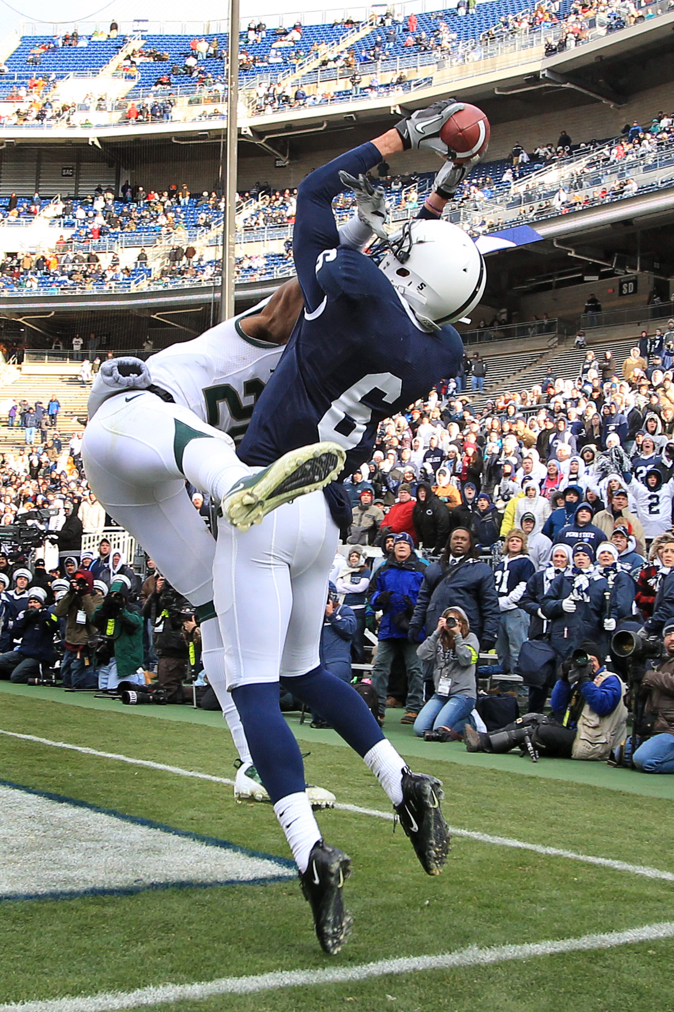 STATE COLLEGE, PA - NOVEMBER 27: Wide receiver Derek Moye #6 of the Penn State Nittany Lions catches a pass in the end zone during a game against the Michigan State Spartans on November 27, 2010 at Beaver Stadium in State College, Pennsylvania. The Sparta STATE COLLEGE, PA - NOVEMBER 27: Wide receiver Derek Moye #6 of the Penn State Nittany Lions catches a pass in the end zone during a game against the Michigan State Spartans on November 27, 2010 at Beaver Stadium in State College, Pennsylvania. The Sparta